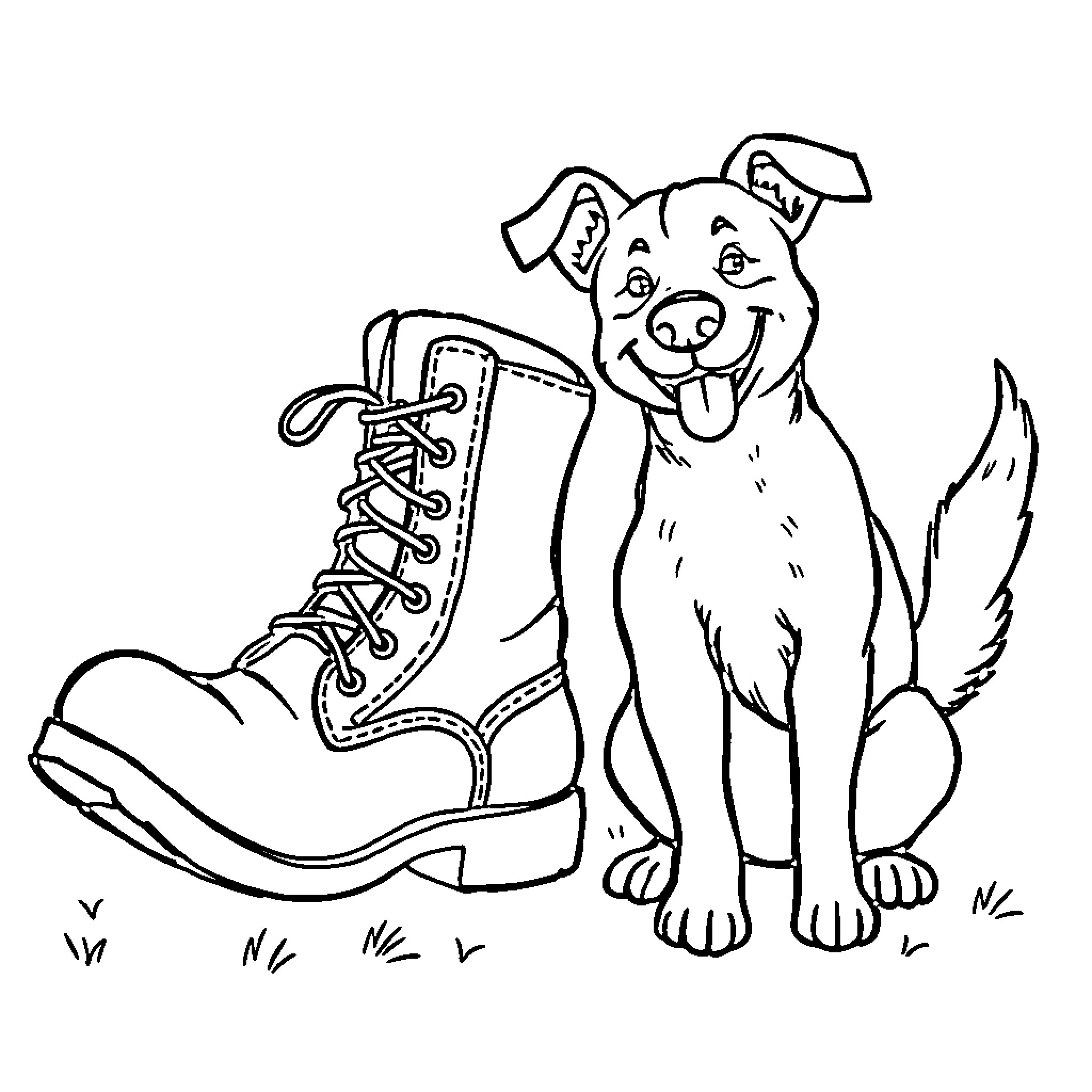 Boot Dog Sitting Playfully in Shoe Coloring Page (free black-and-white line drawing printable PDF for all, from beginners to advanced learners, including children, teens, adults, and seniors)
