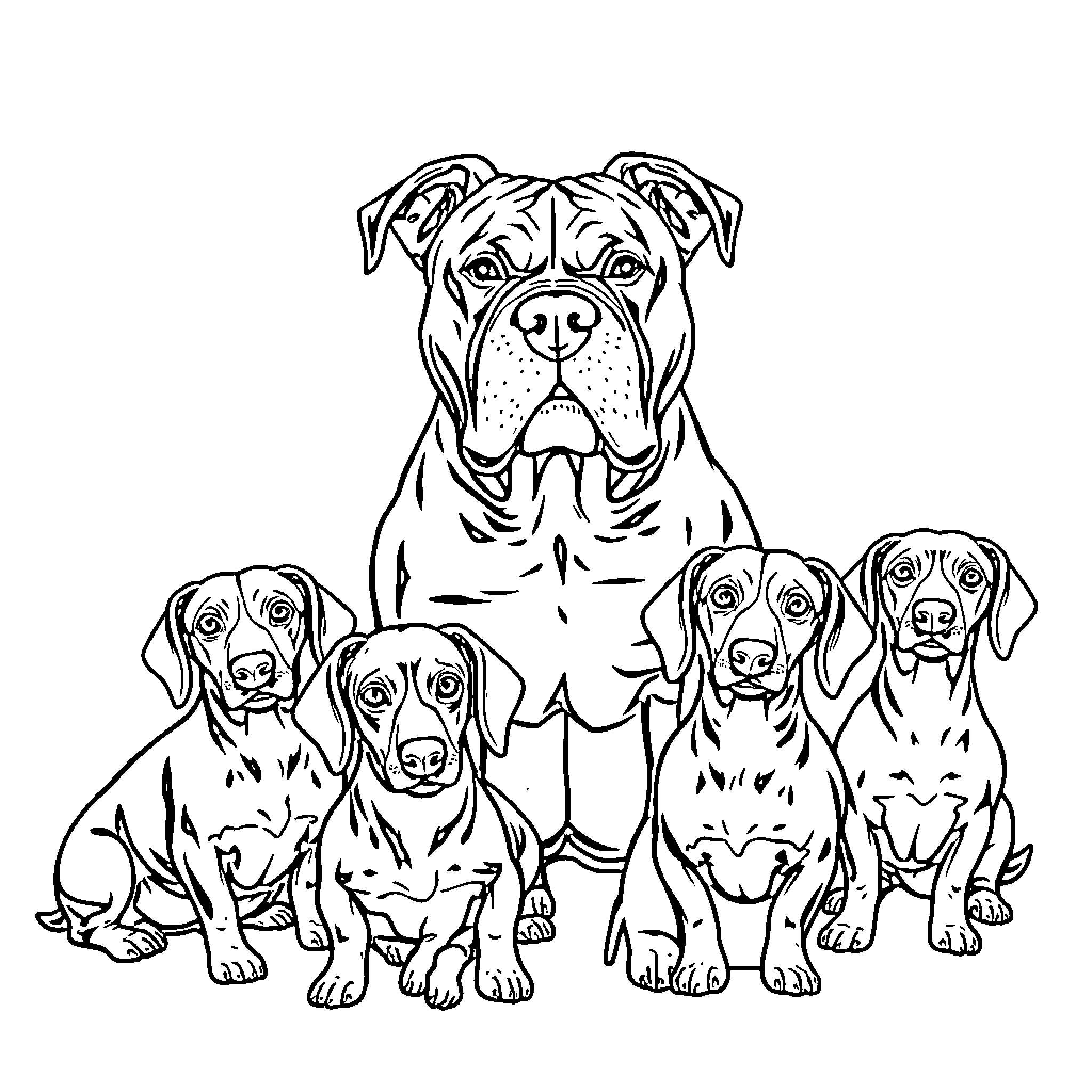 Pitbull and family of loyal pups in charming pose Coloring Page (free black-and-white line drawing printable PDF for all, from beginners to advanced learners, including children, teens, adults, and seniors)