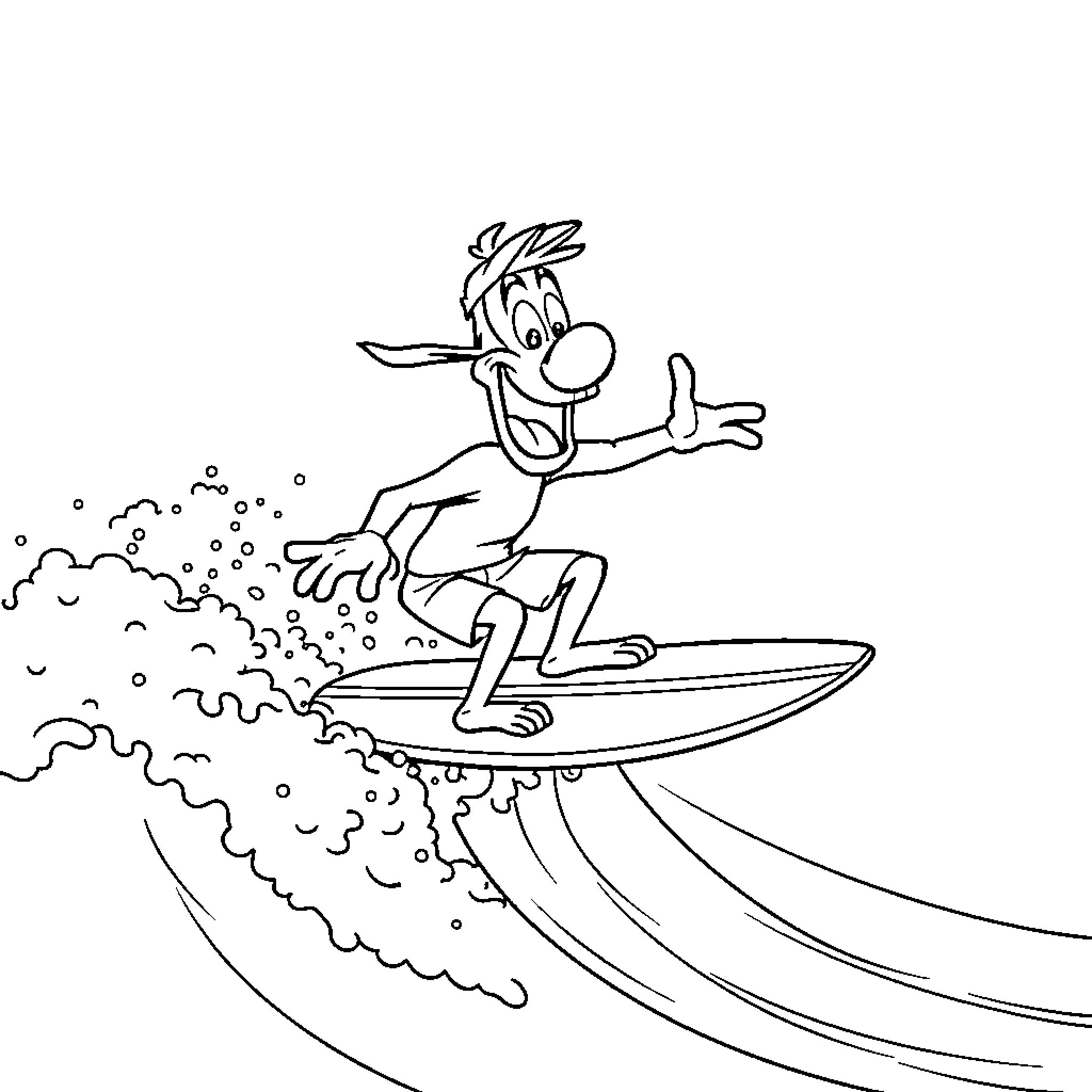 Surfing Cartoon Character Riding Wave Coloring Page (free black-and-white line drawing printable PDF for all, from beginners to advanced learners, including children, teens, adults, and seniors)