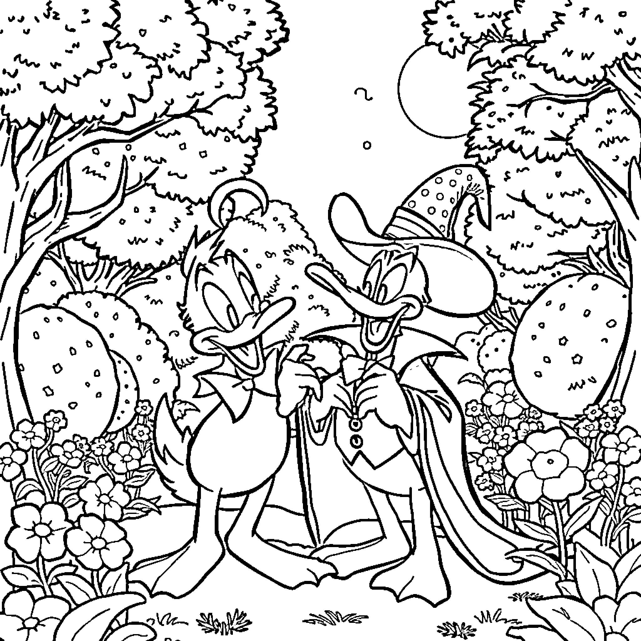 Duck taking a night stroll in the forest Coloring Page (free black-and-white line drawing printable PDF for all, from beginners to advanced learners, including children, teens, adults, and seniors)