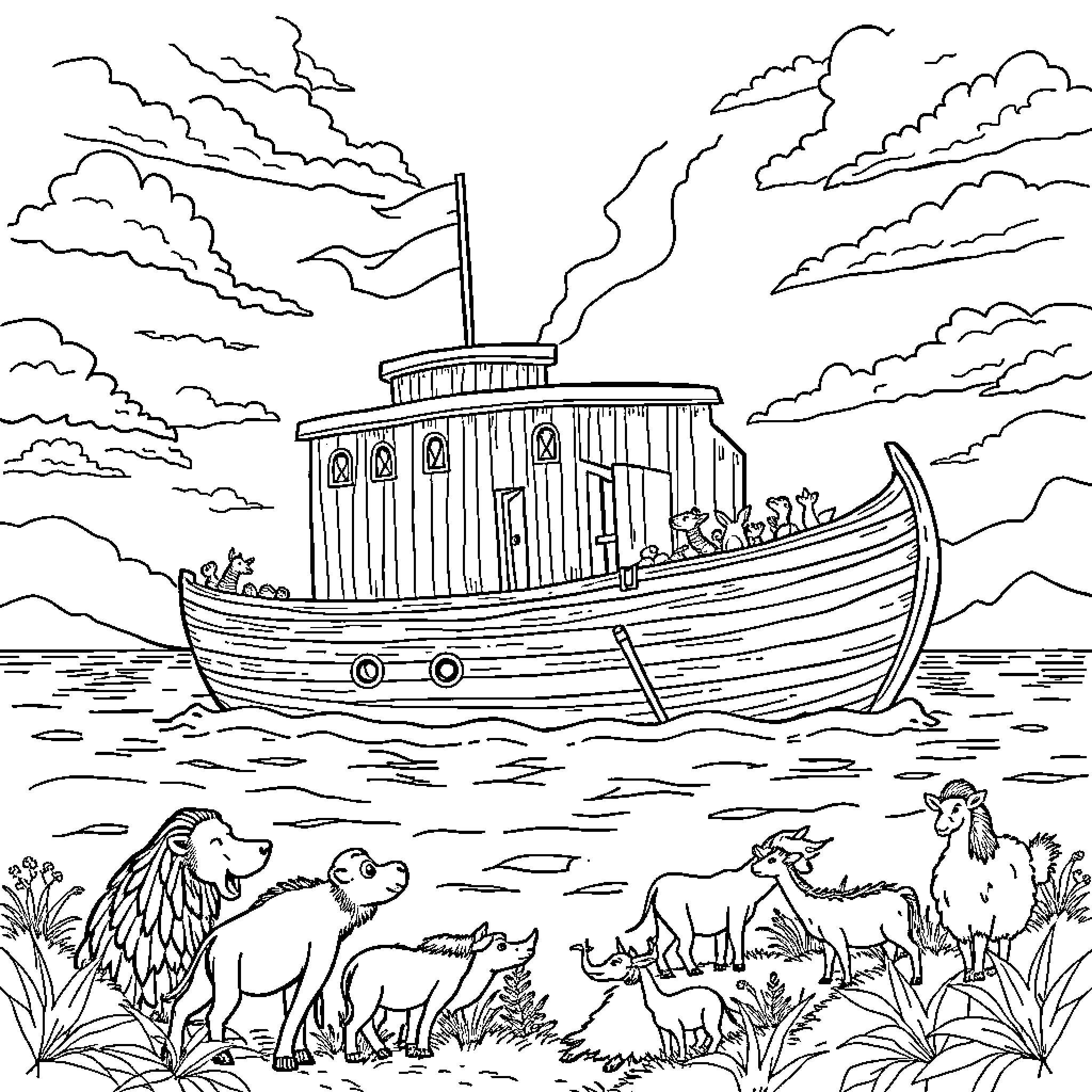 Noah's Ark with animals boarding amidst stormy clouds Coloring Page (free black-and-white line drawing printable PDF for all, from beginners to advanced learners, including children, teens, adults, and seniors)