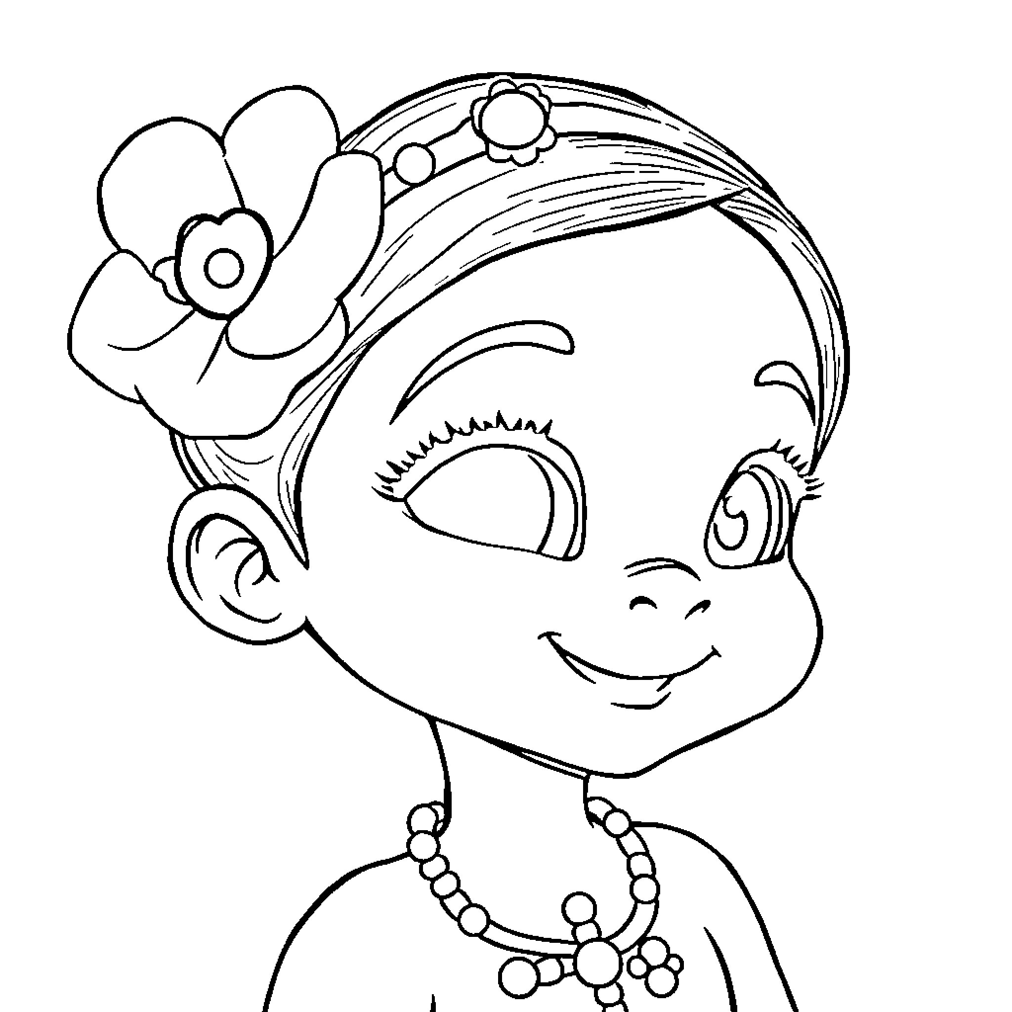 Tiana's happy expression and flower headpiece Coloring Page (free black-and-white line drawing printable PDF for all, from beginners to advanced learners, including children, teens, adults, and seniors)
