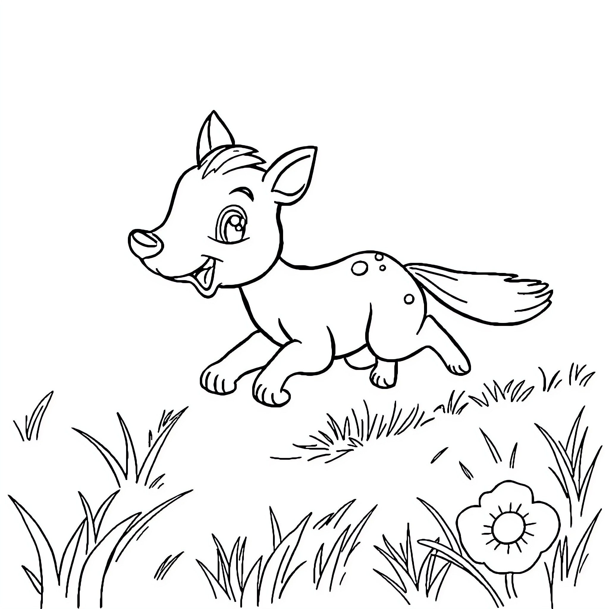 Animal playing joyfully in grassy field Coloring Page (free black-and-white line drawing printable PDF for all, from beginners to advanced learners, including children, teens, adults, and seniors)