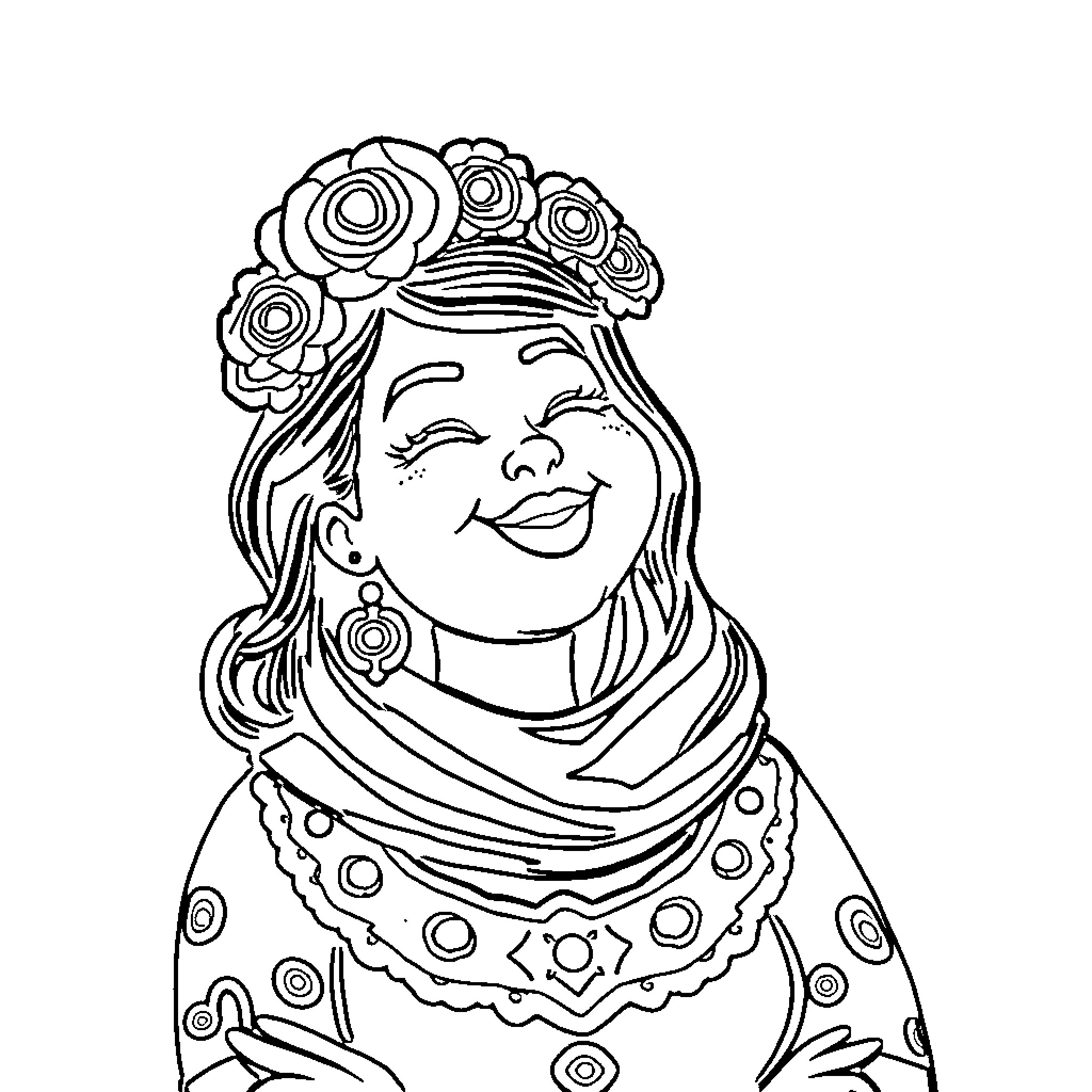 Pregnant Doll with Flower Crown Smiling Happily Coloring Page (free black-and-white line drawing printable PDF for all, from beginners to advanced learners, including children, teens, adults, and seniors)