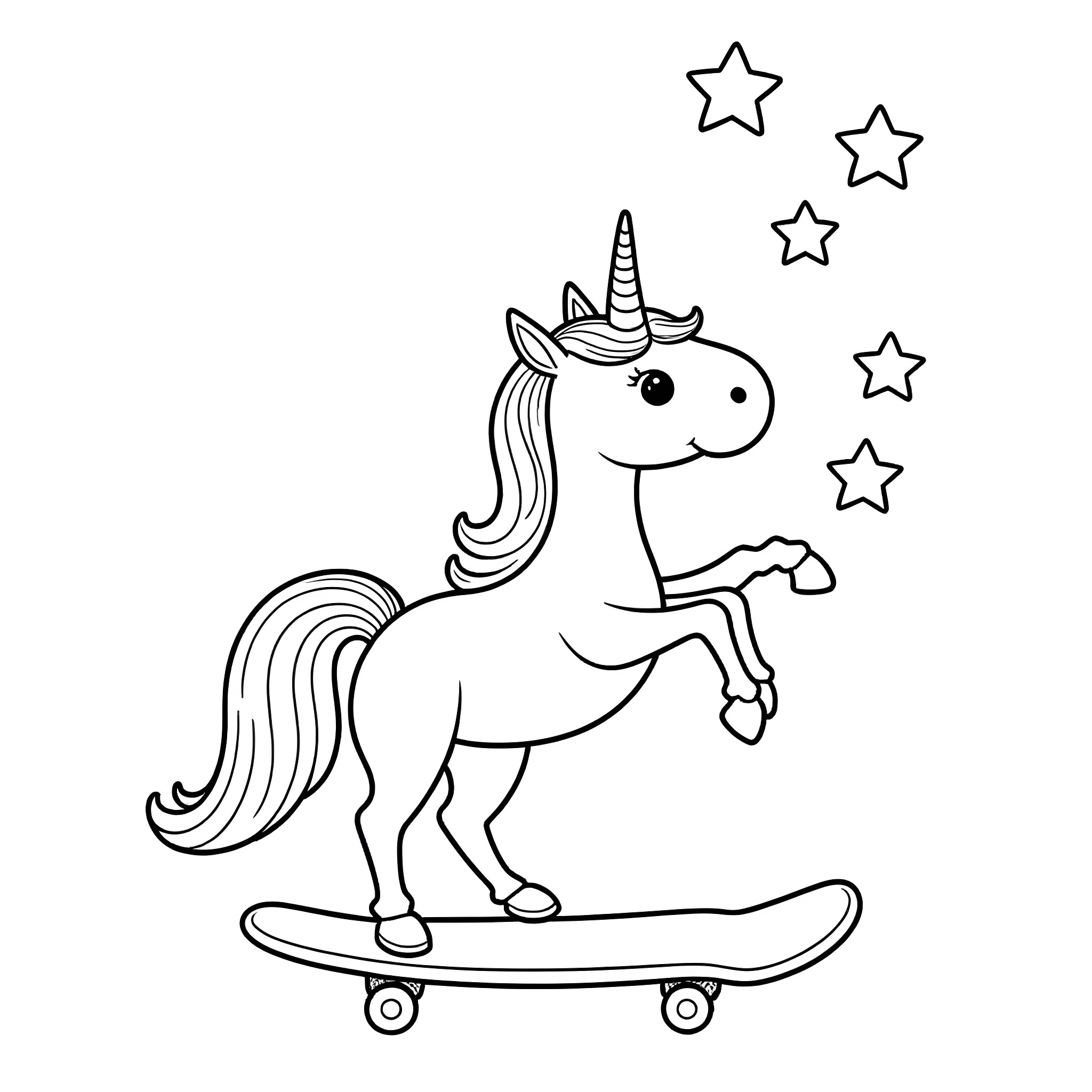 Unicorn riding a skateboard under the stars Coloring Page (free black-and-white line drawing printable PDF for all, from beginners to advanced learners, including children, teens, adults, and seniors)