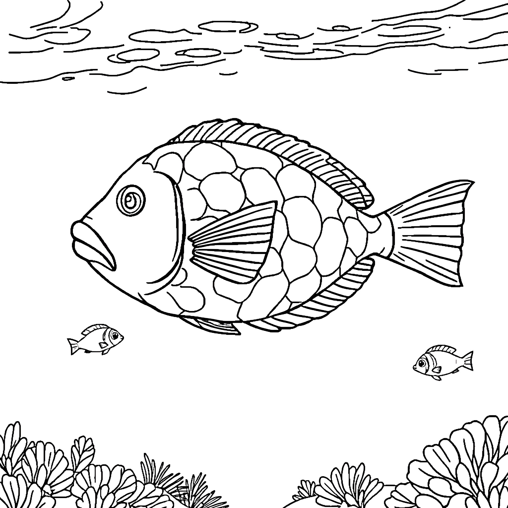 Puffer Fish exploring the underwater scenery Coloring Page (free black-and-white line drawing printable PDF for all, from beginners to advanced learners, including children, teens, adults, and seniors)