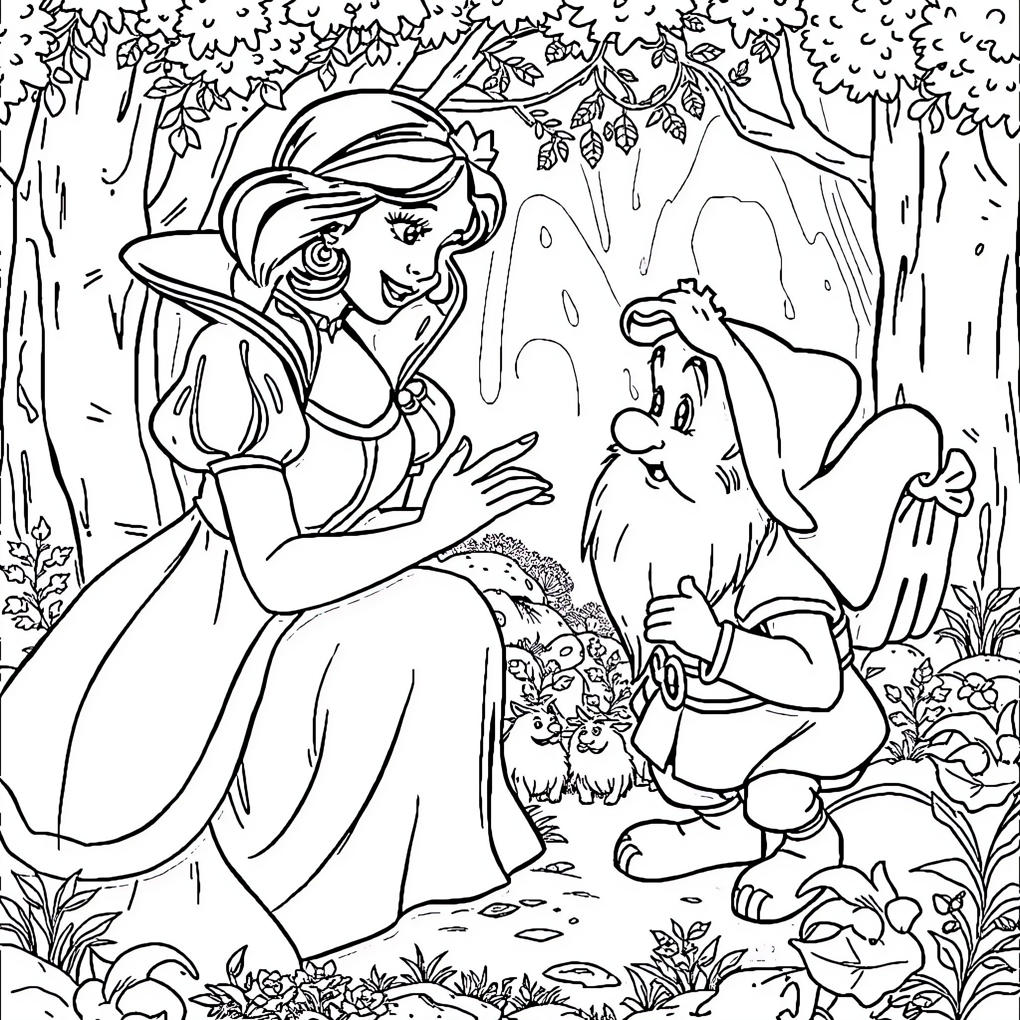 Snow White conversing with forest animals in the woods Coloring Page (free black-and-white line drawing printable PDF for all, from beginners to advanced learners, including children, teens, adults, and seniors)