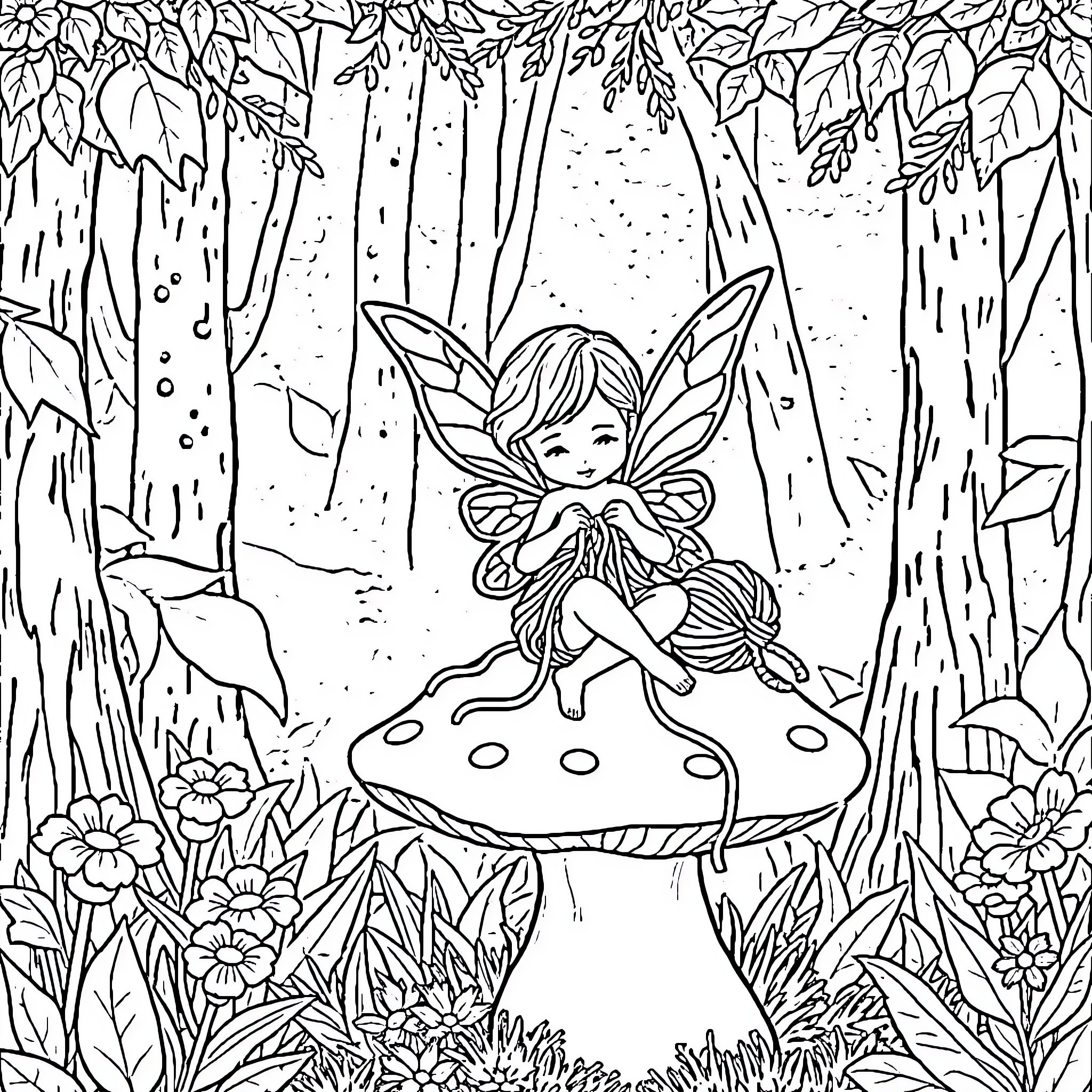 Fairy resting on a mushroom in a lush forest Coloring Page (free black-and-white line drawing printable PDF for all, from beginners to advanced learners, including children, teens, adults, and seniors)