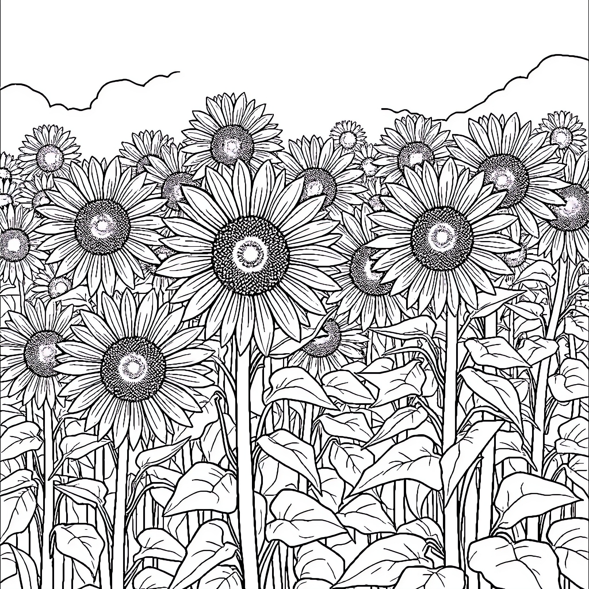 Sunflower field in full bloom Coloring Page (free black-and-white line drawing printable PDF for all, from beginners to advanced learners, including children, teens, adults, and seniors)