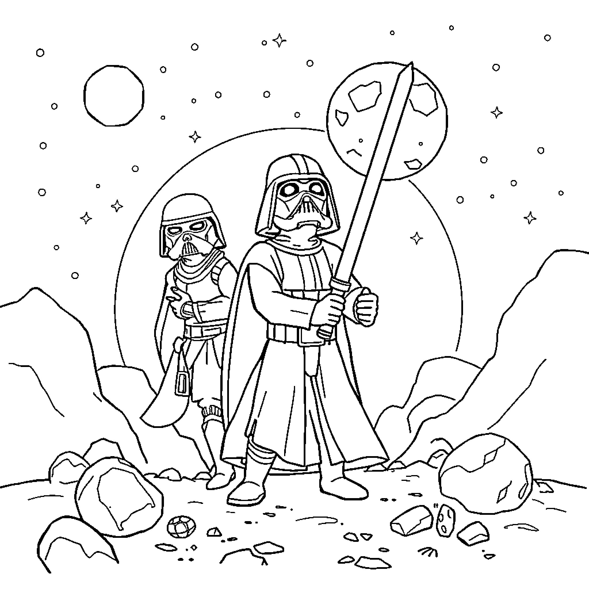 Star Wars characters in space adventure Coloring Page (free black-and-white line drawing printable PDF for all, from beginners to advanced learners, including children, teens, adults, and seniors)