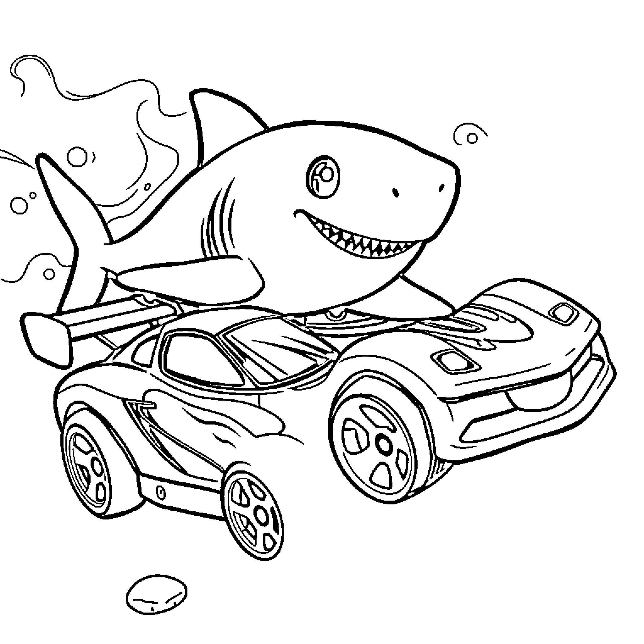 Shark driving a speedy race car Coloring Page (free black-and-white line drawing printable PDF for all, from beginners to advanced learners, including children, teens, adults, and seniors)
