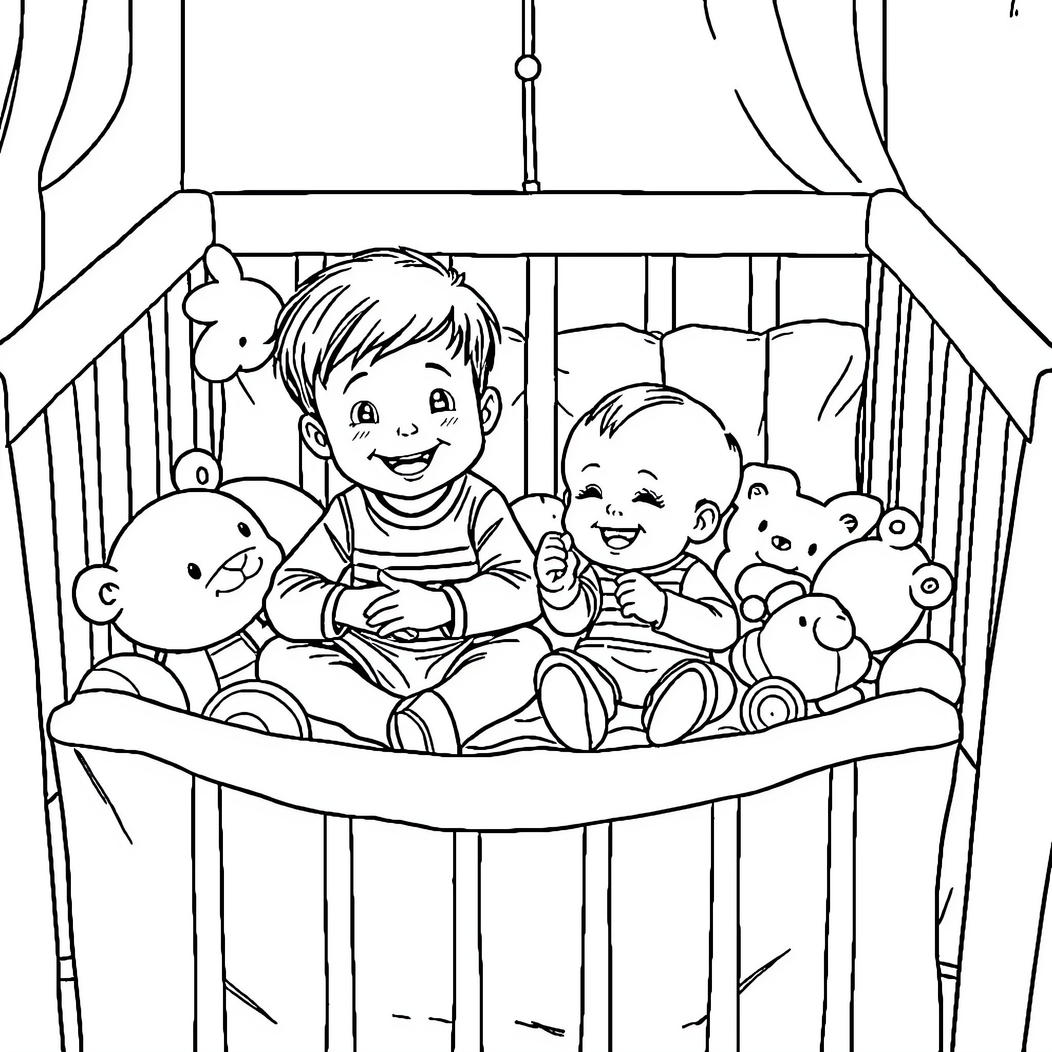 Child playing with stuffed animals in a crib Coloring Page (free black-and-white line drawing printable PDF for all, from beginners to advanced learners, including children, teens, adults, and seniors)