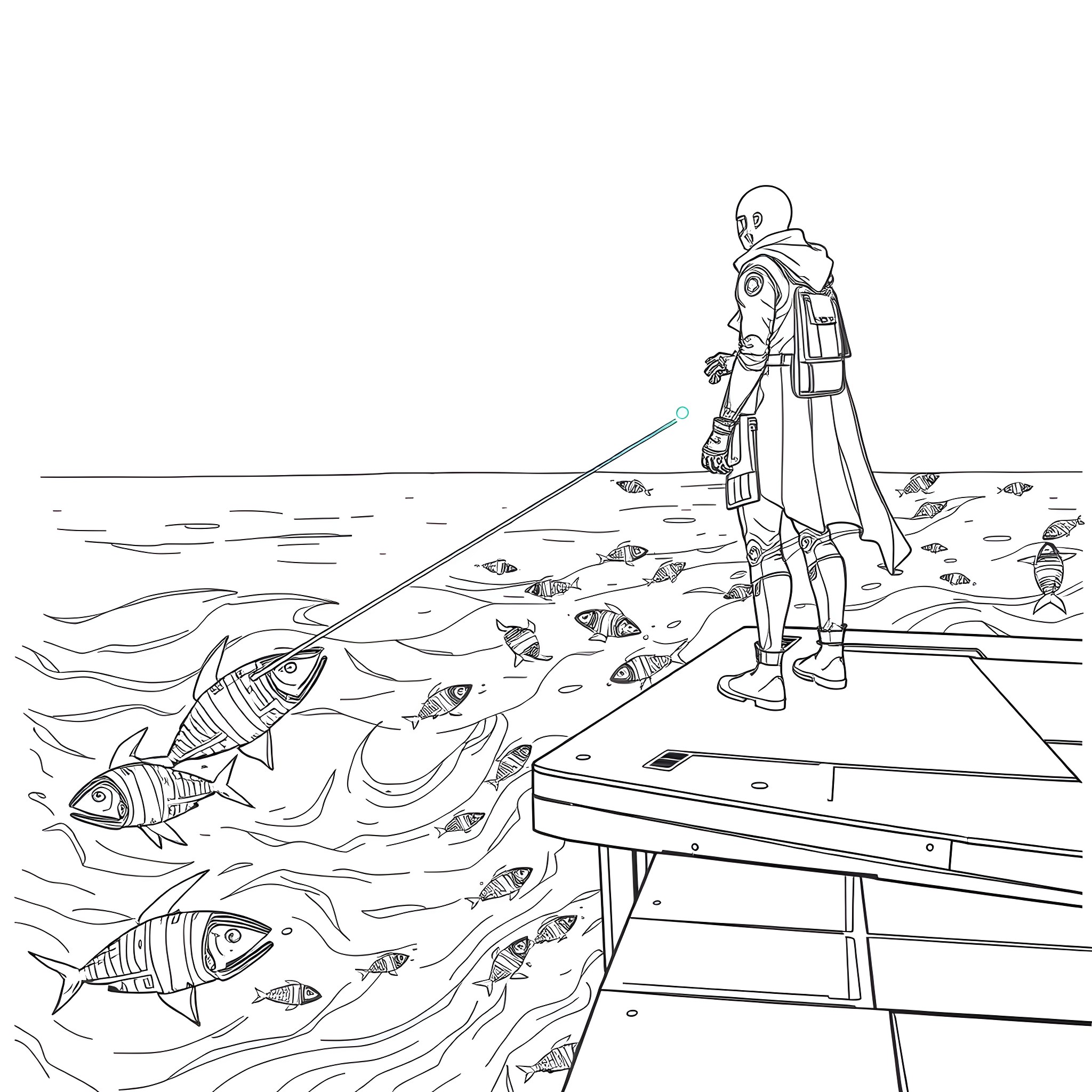 Cyberpunk Underwater Exploration Coloring Page (free black-and-white line drawing printable PDF for all, from beginners to advanced learners, including children, teens, adults, and seniors)