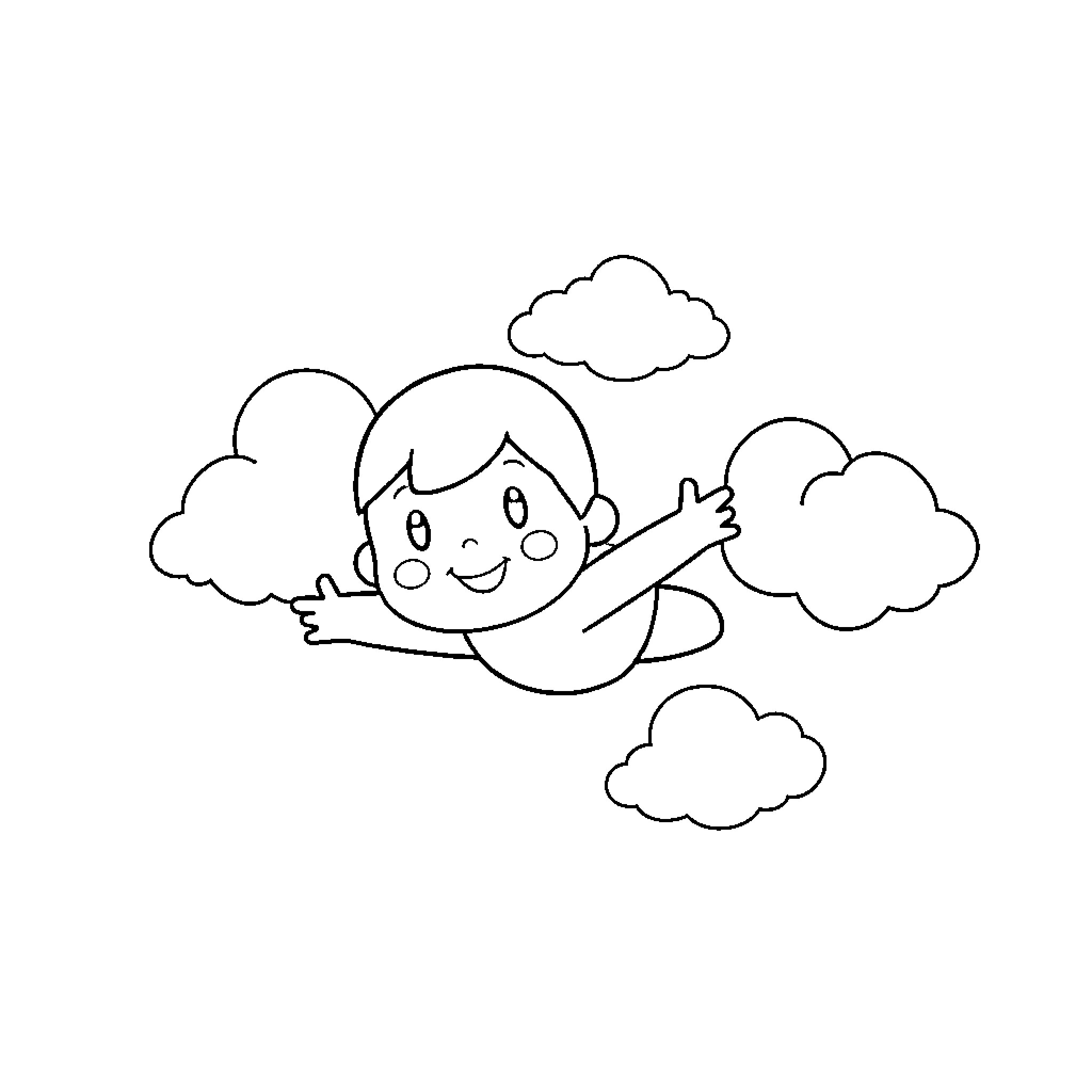Pocoyo playing happily among the clouds Coloring Page (free black-and-white line drawing printable PDF for all, from beginners to advanced learners, including children, teens, adults, and seniors)