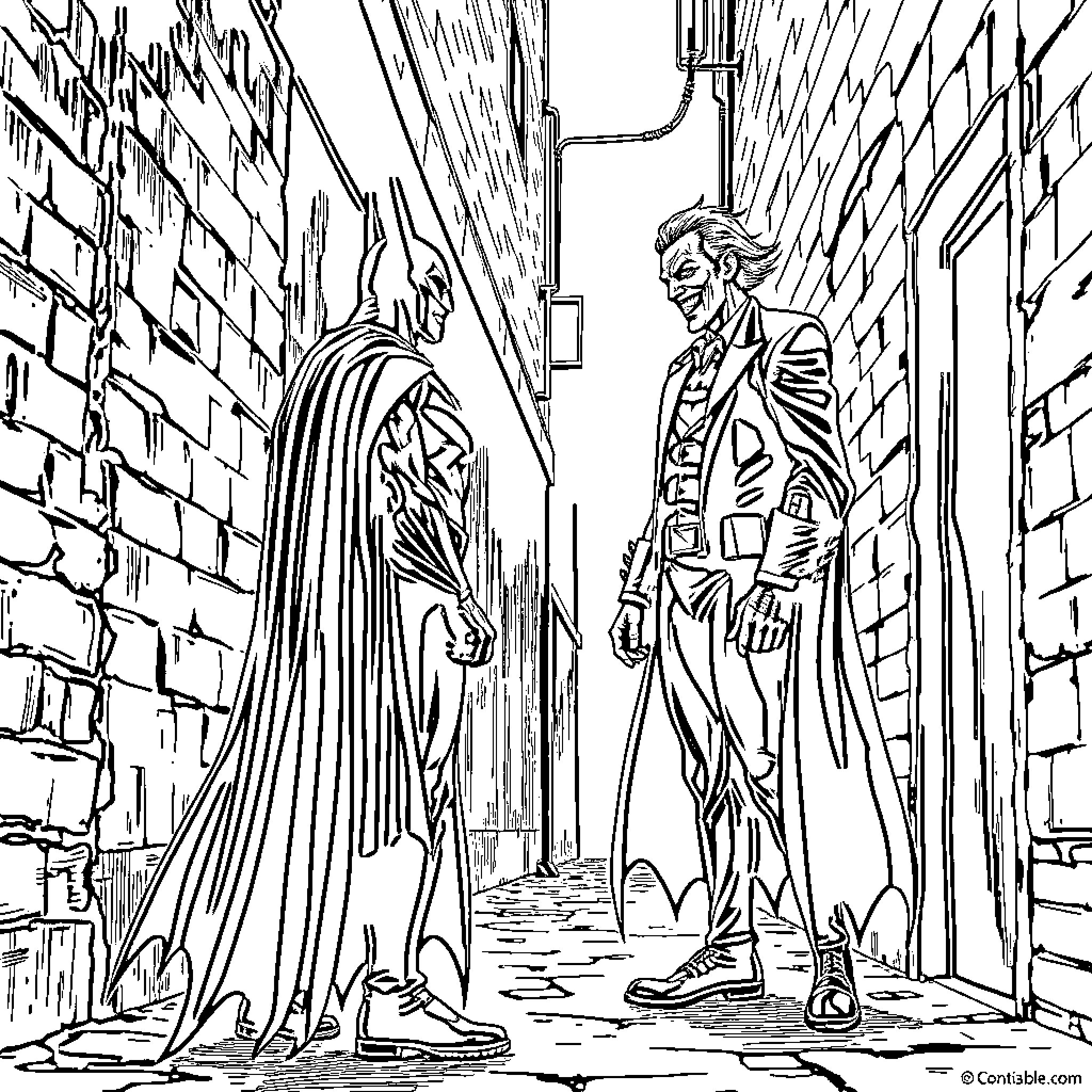 Batman confronting the Joker in a dark alley Coloring Page (free black-and-white line drawing printable PDF for all, from beginners to advanced learners, including children, teens, adults, and seniors)