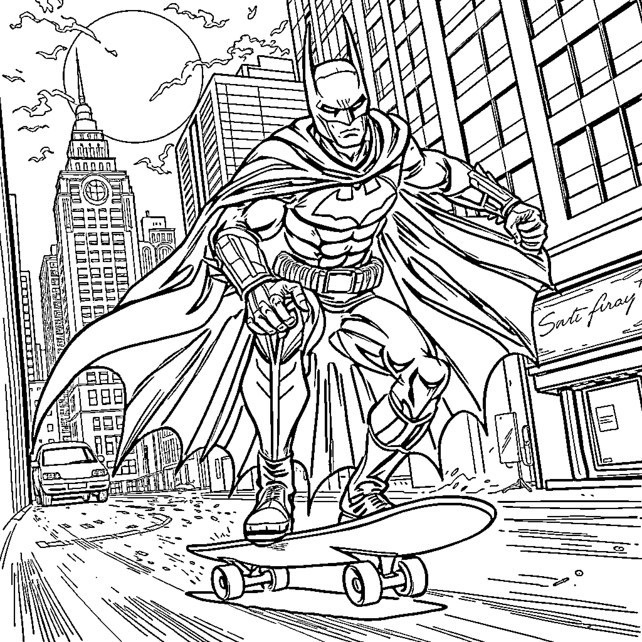 Batman Riding a Skateboard through the City Coloring Page (free black-and-white line drawing printable PDF for all, from beginners to advanced learners, including children, teens, adults, and seniors)