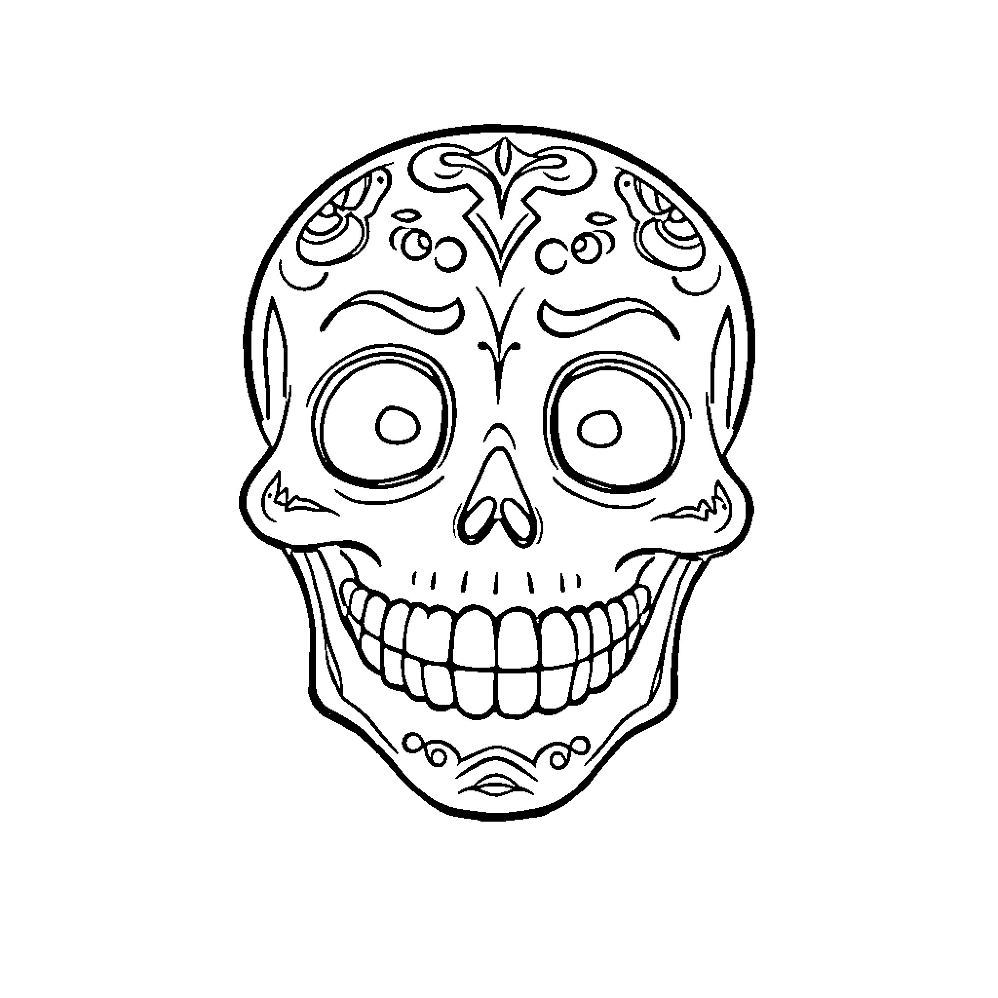 Skull adorned with intricate patterns Coloring Page (free black-and-white line drawing printable PDF for all, from beginners to advanced learners, including children, teens, adults, and seniors)