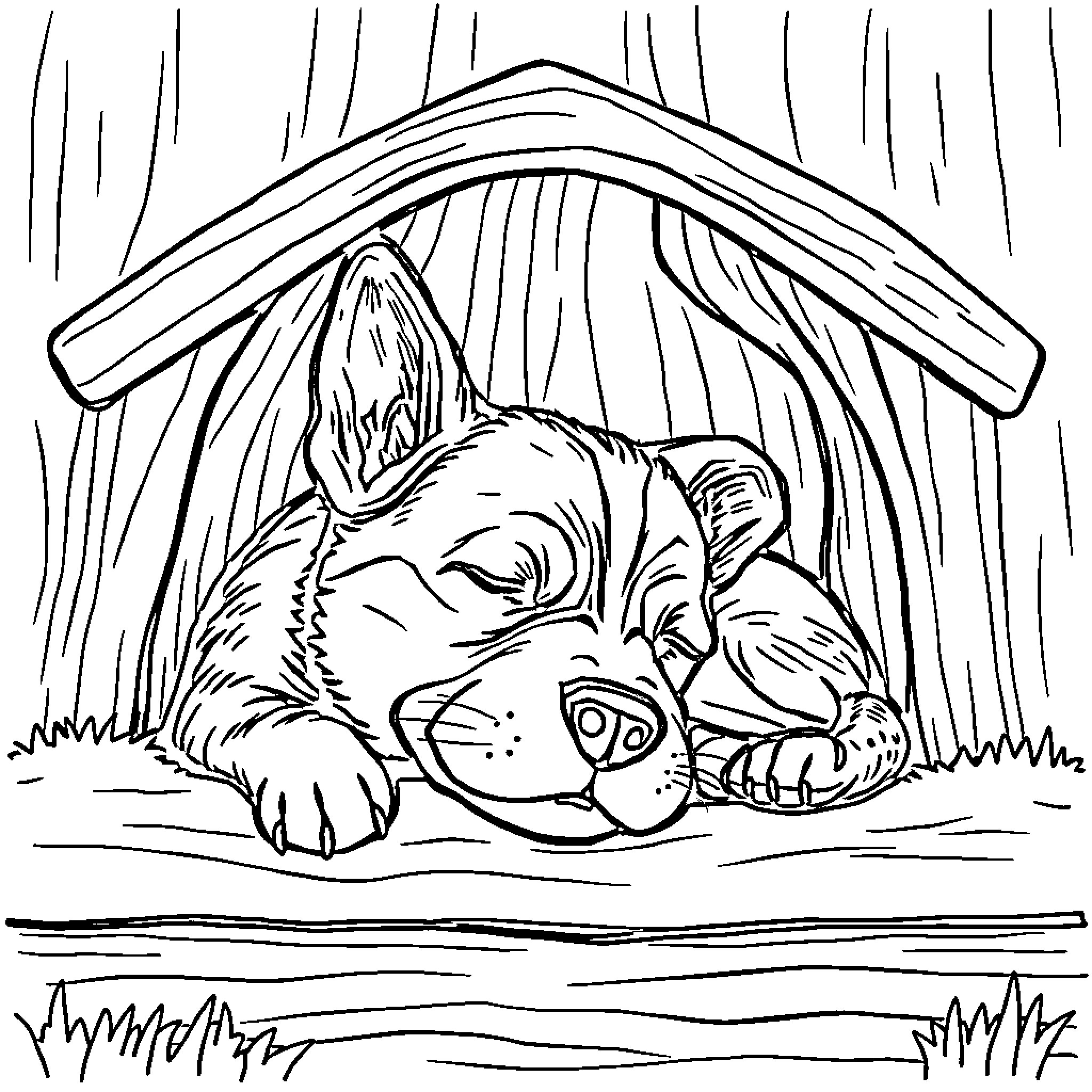 Dog taking a nap in the shelter Coloring Page (free black-and-white line drawing printable PDF for all, from beginners to advanced learners, including children, teens, adults, and seniors)