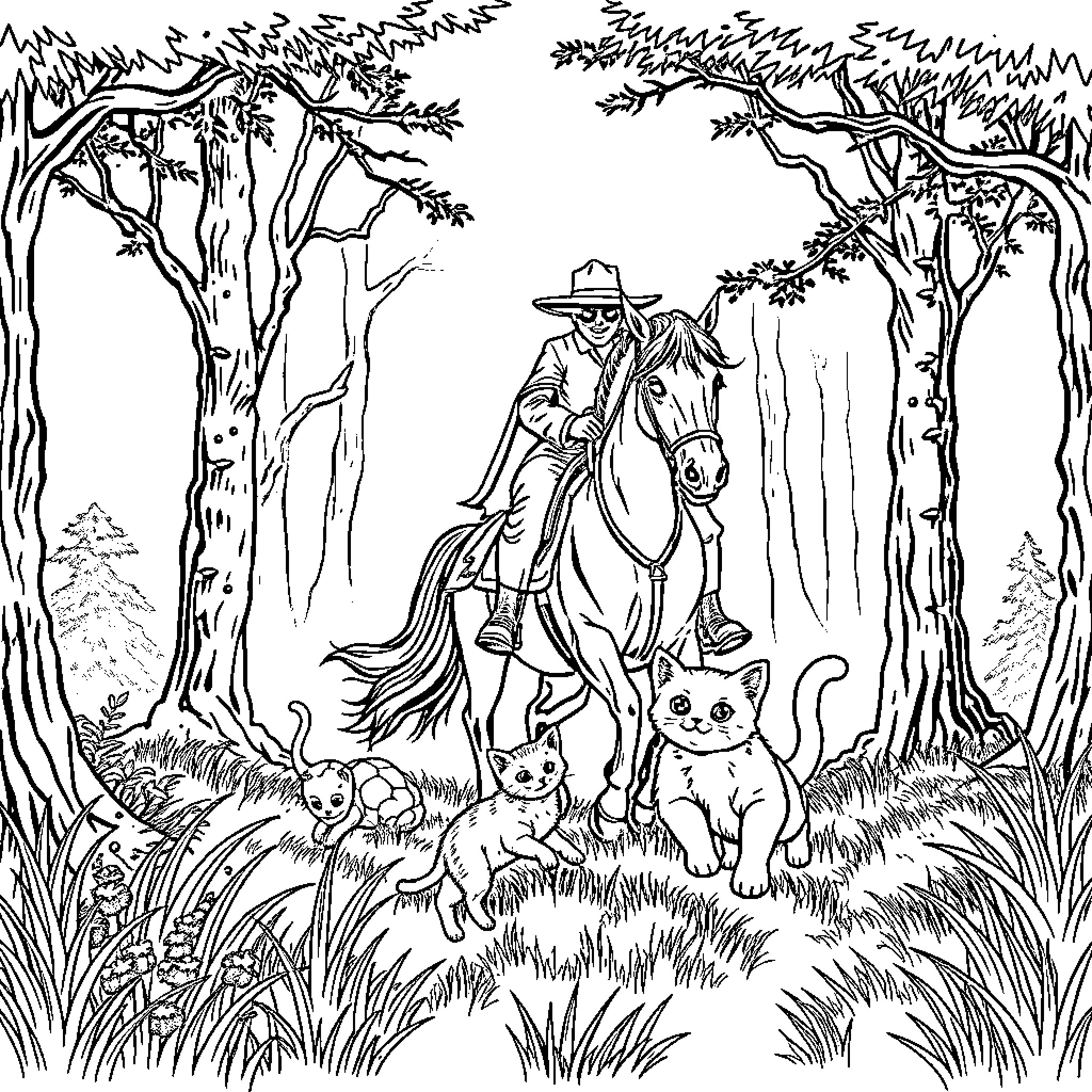 Headless Horseman Riding Through Enchanted Forest with Cats Coloring Page (free black-and-white line drawing printable PDF for all, from beginners to advanced learners, including children, teens, adults, and seniors)