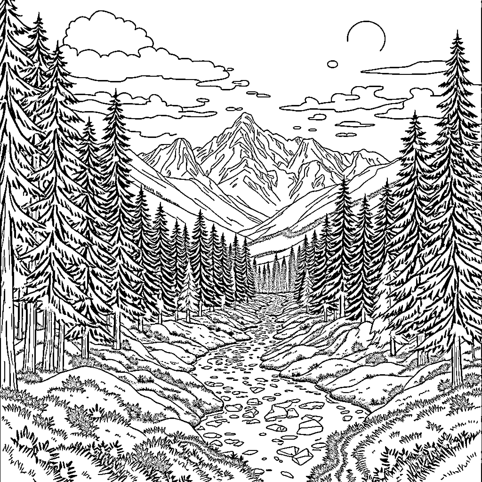 Forest landscape with majestic mountains and winding stream Coloring Page (free black-and-white line drawing printable PDF for all, from beginners to advanced learners, including children, teens, adults, and seniors)