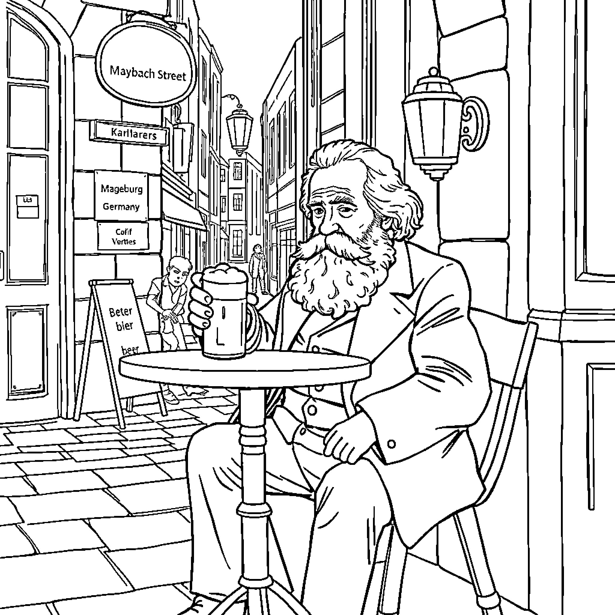 Karl Marx relaxing at a cafe in Maybatch Street Coloring Page (free black-and-white line drawing printable PDF for all, from beginners to advanced learners, including children, teens, adults, and seniors)