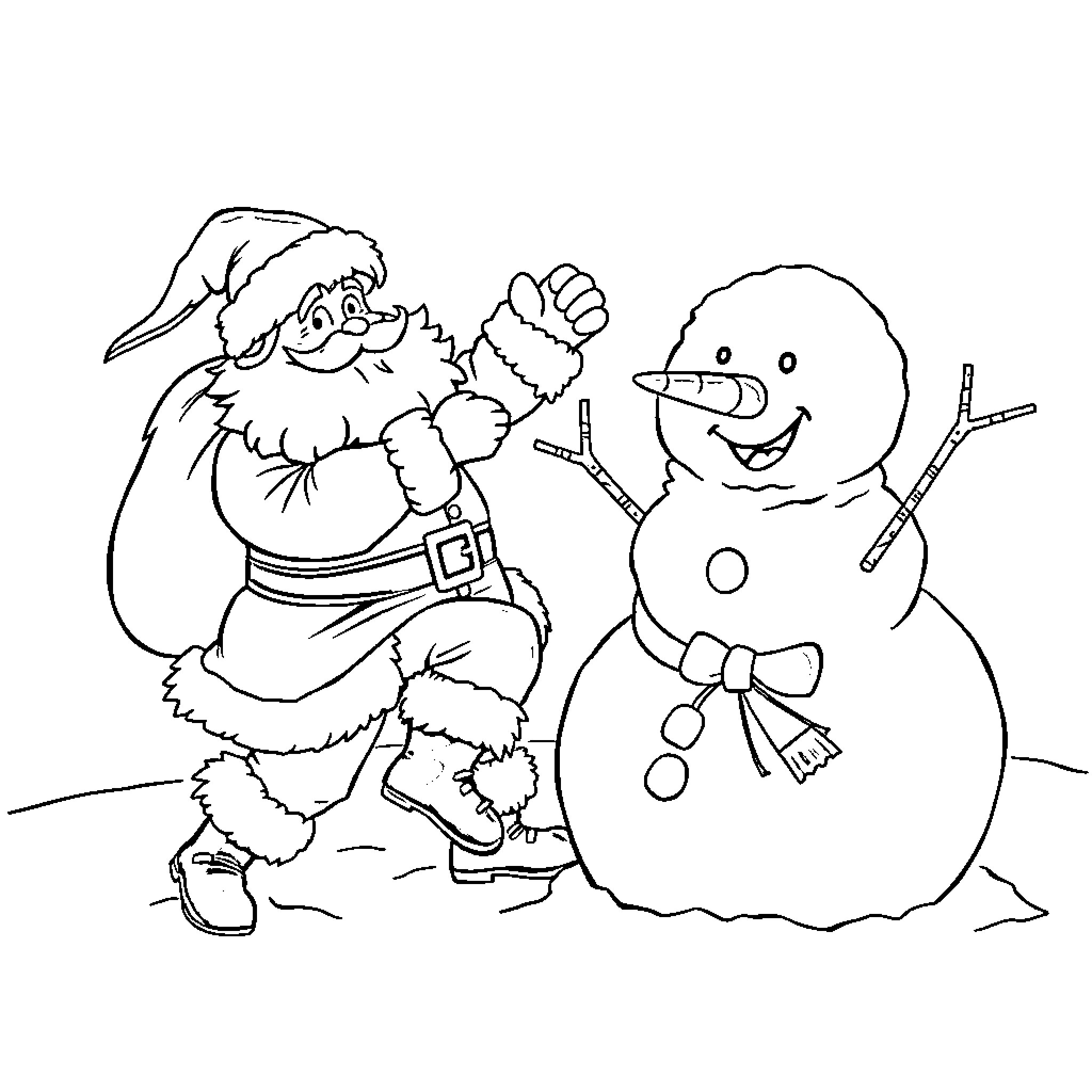 Santa building a snowman in the winter wonderland Coloring Page (free black-and-white line drawing printable PDF for all, from beginners to advanced learners, including children, teens, adults, and seniors)