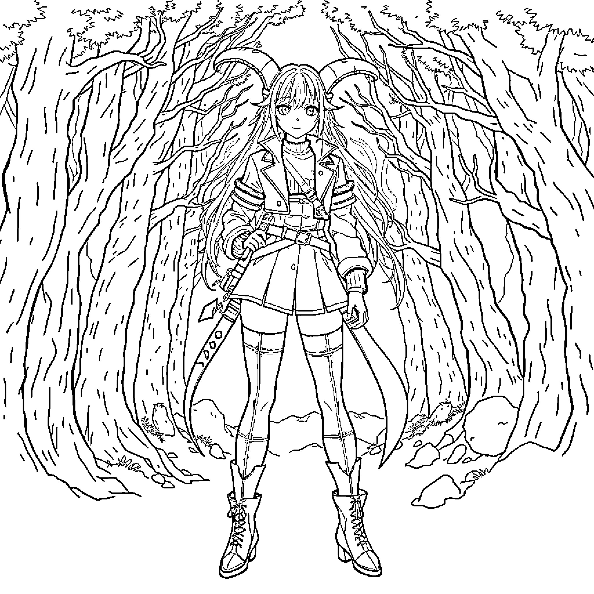 Mira's Adventure in the Enchanted Forest Coloring Page (free black-and-white line drawing printable PDF for all, from beginners to advanced learners, including children, teens, adults, and seniors)