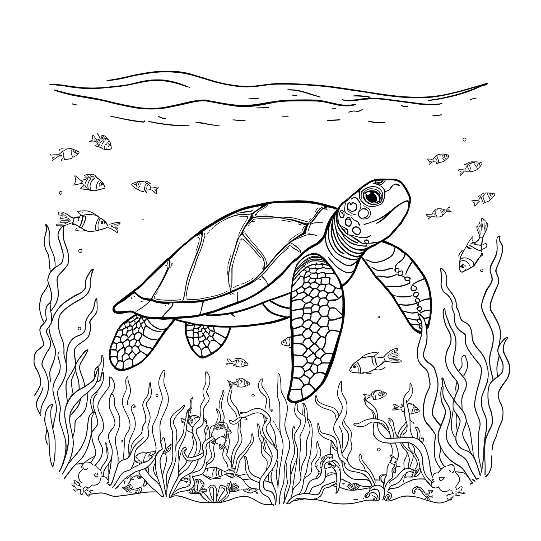 Turtle swimming among underwater plants and fish Coloring Page (free black-and-white line drawing printable PDF for all, from beginners to advanced learners, including children, teens, adults, and seniors)