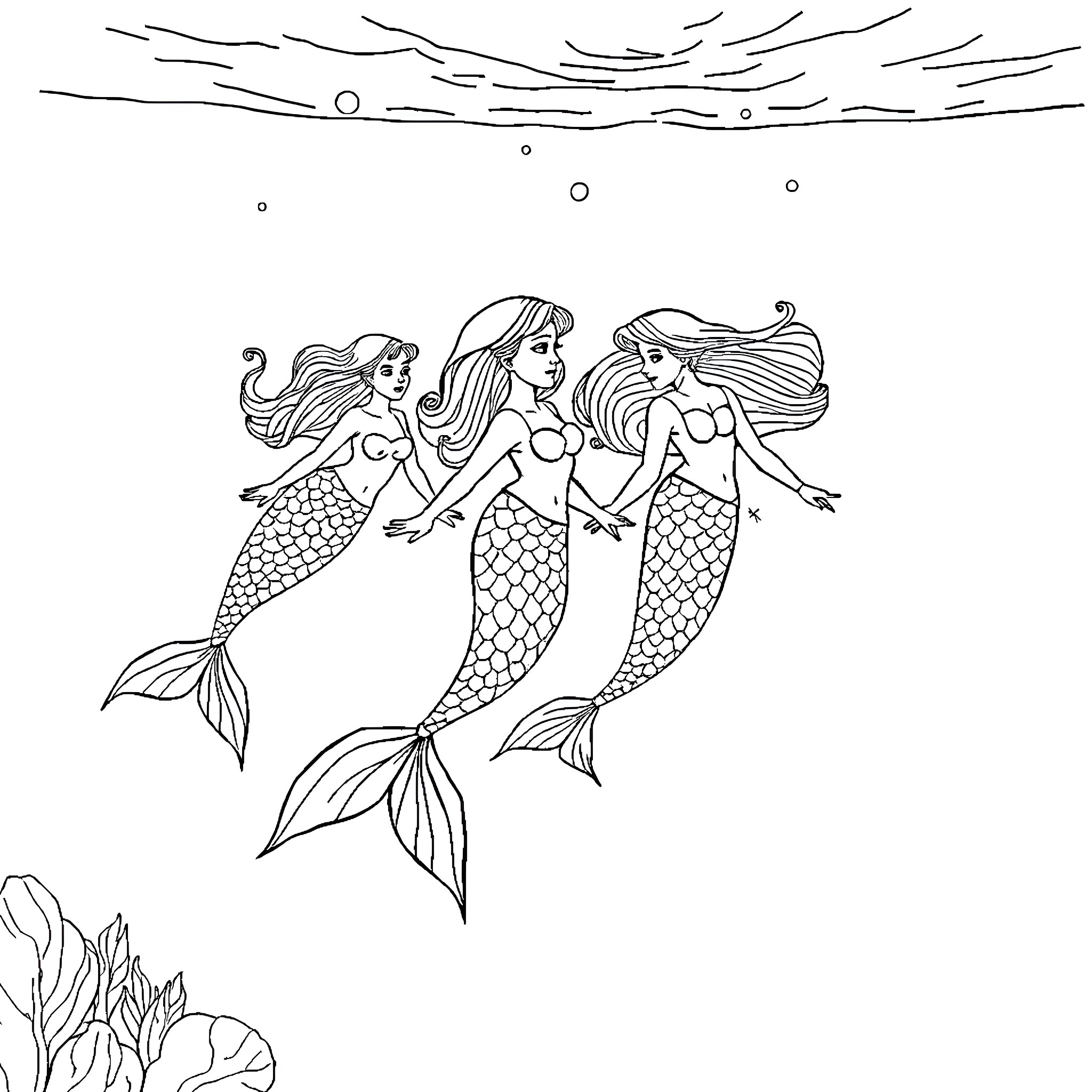Mermaid trio swimming gracefully in the ocean Coloring Page (free black-and-white line drawing printable PDF for all, from beginners to advanced learners, including children, teens, adults, and seniors)