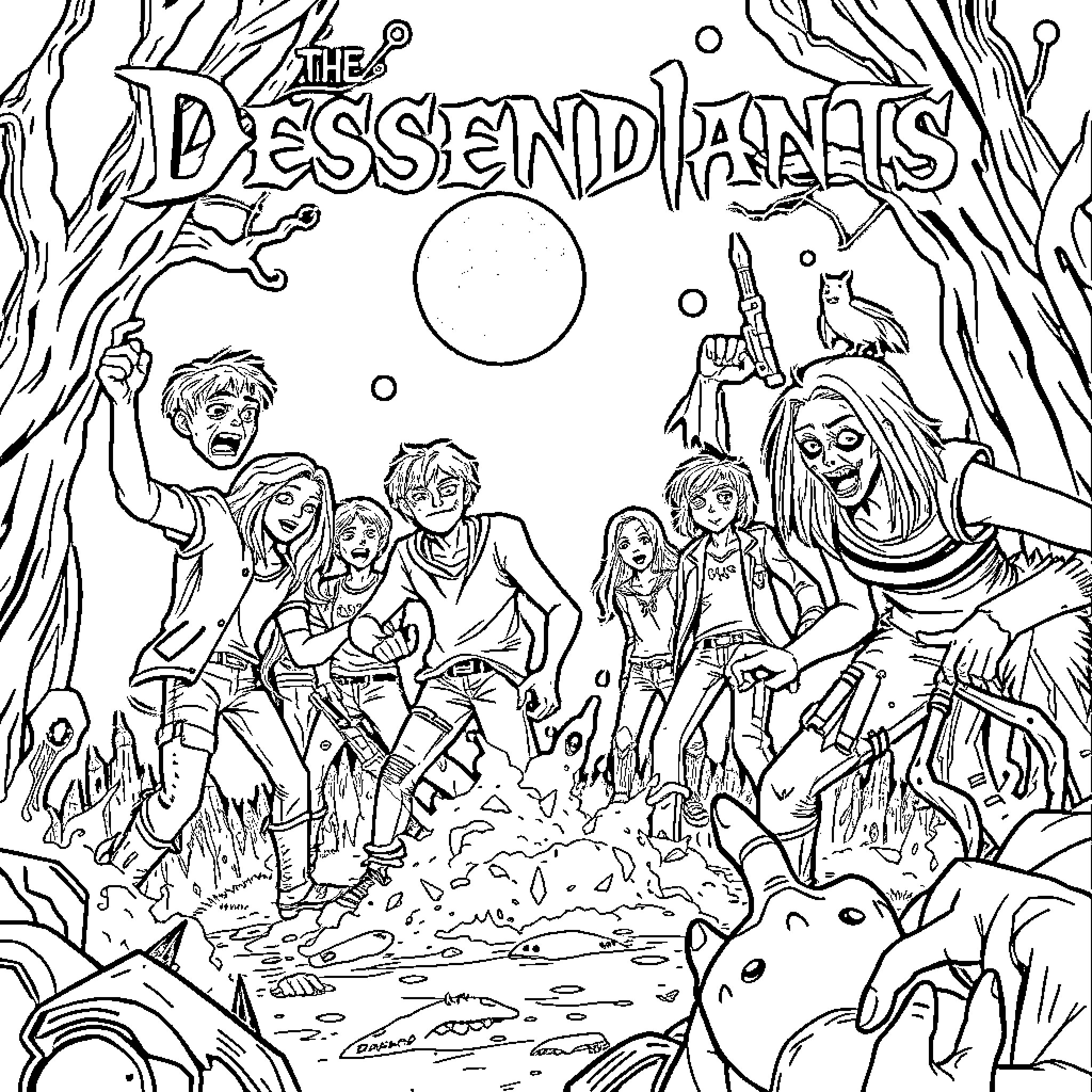 Zombie Descendants on a Creepy Adventure Coloring Page (free black-and-white line drawing printable PDF for all, from beginners to advanced learners, including children, teens, adults, and seniors)