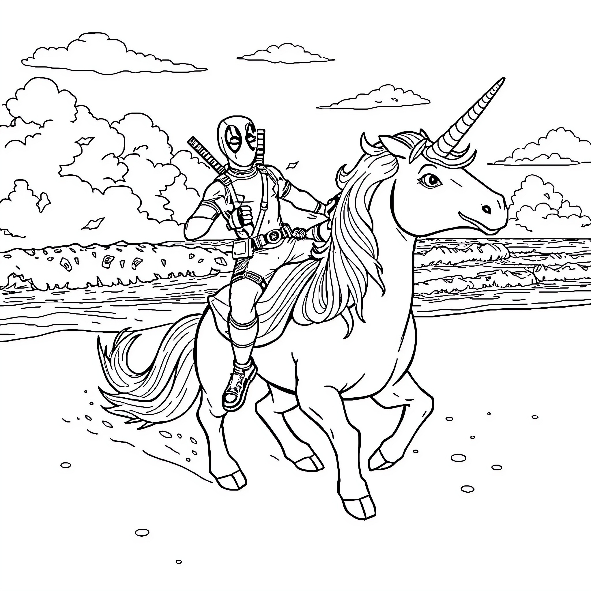 Deadpool Riding a Unicorn in a Scenic Landscape Coloring Page (free black-and-white line drawing printable PDF for all, from beginners to advanced learners, including children, teens, adults, and seniors)