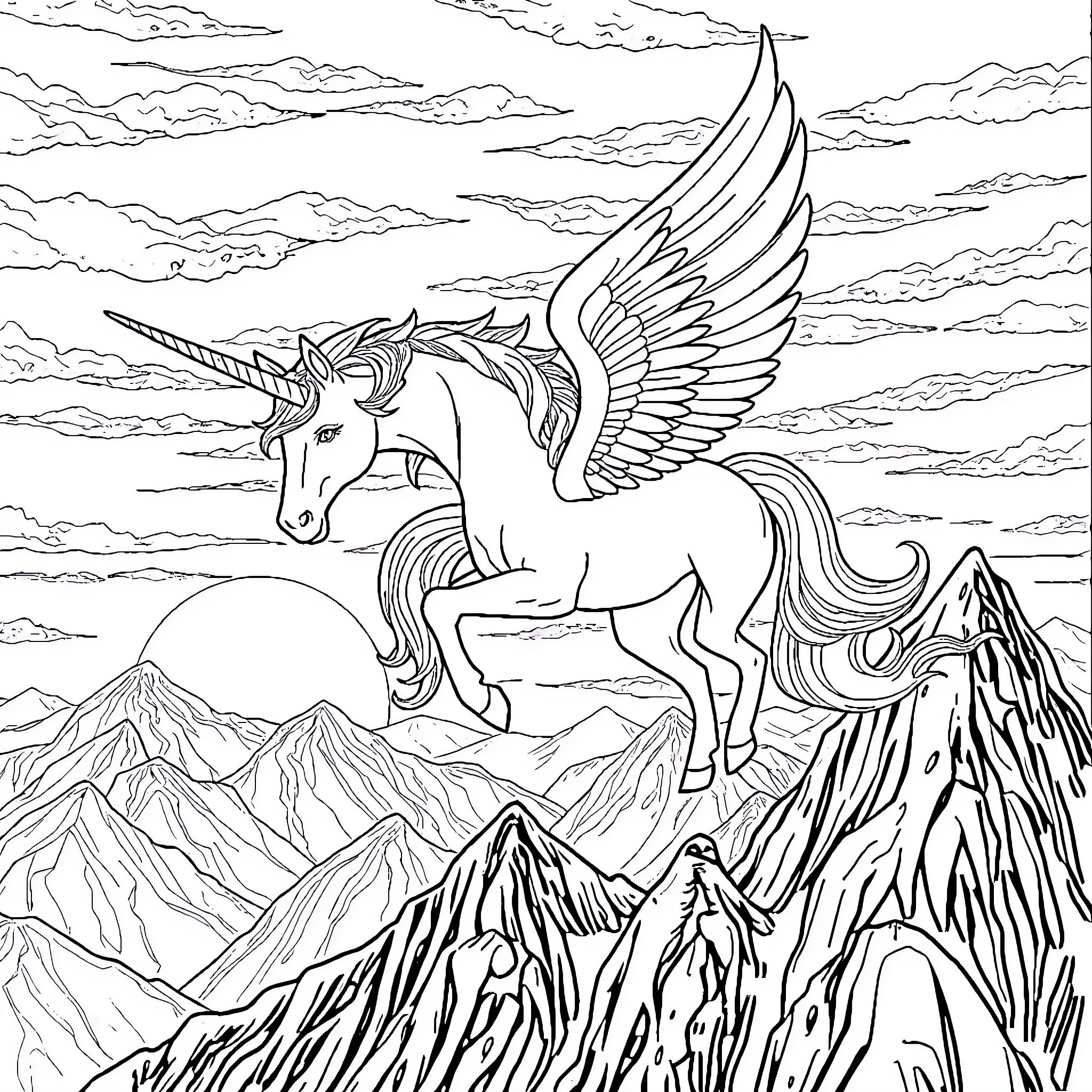 Unicorn soaring among the mountains and clouds Coloring Page (free black-and-white line drawing printable PDF for all, from beginners to advanced learners, including children, teens, adults, and seniors)