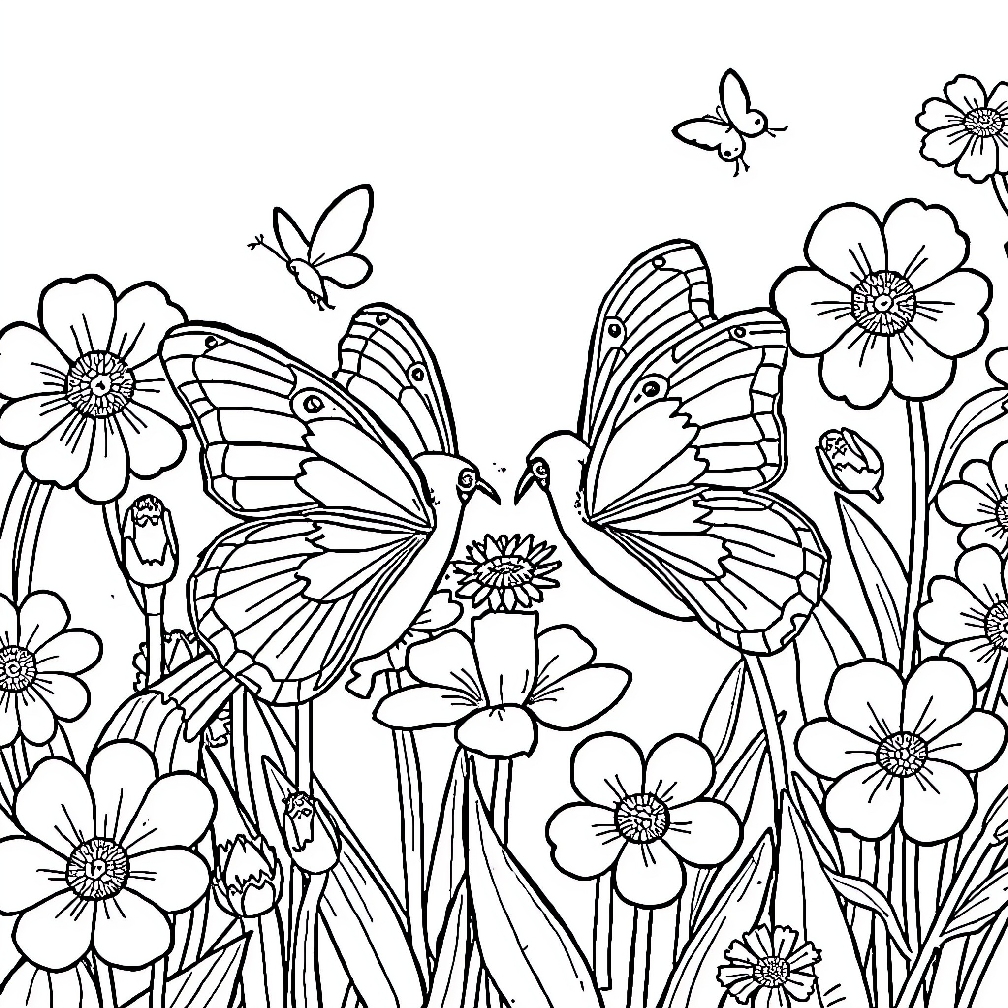 Butterflies dancing among vibrant flowers Coloring Page (free black-and-white line drawing printable PDF for all, from beginners to advanced learners, including children, teens, adults, and seniors)