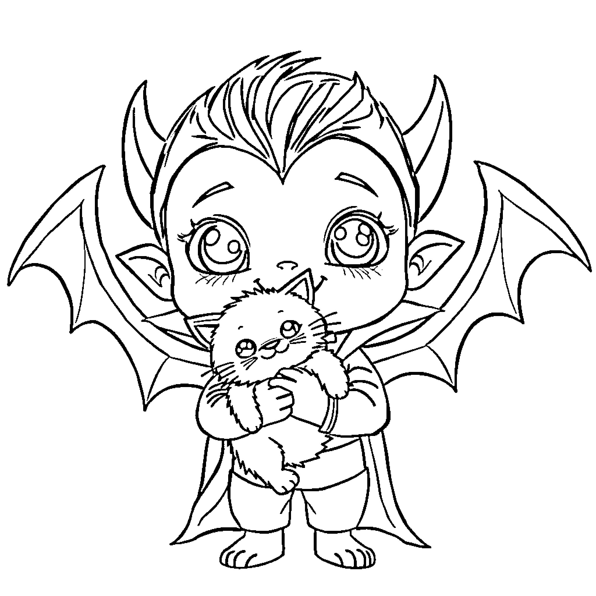 Vampire Child Cuddling Cute Kitten Coloring Page (free black-and-white line drawing printable PDF for all, from beginners to advanced learners, including children, teens, adults, and seniors)