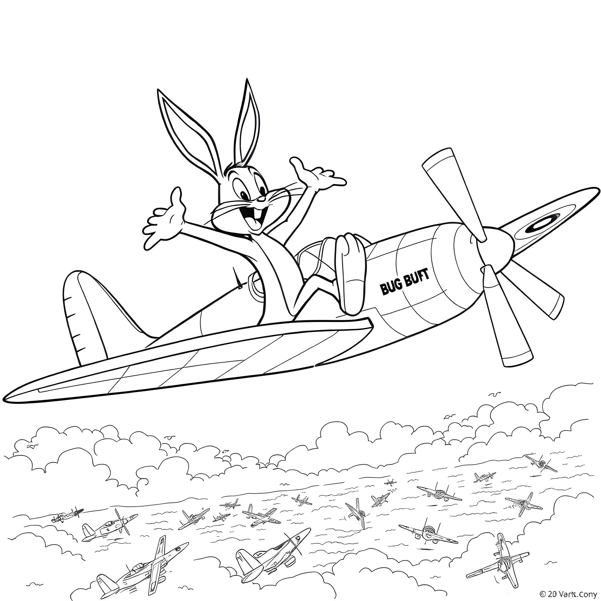 Bugs Bunny flying a propeller plane with a determined expression Coloring Page (free black-and-white line drawing printable PDF for all, from beginners to advanced learners, including children, teens, adults, and seniors)
