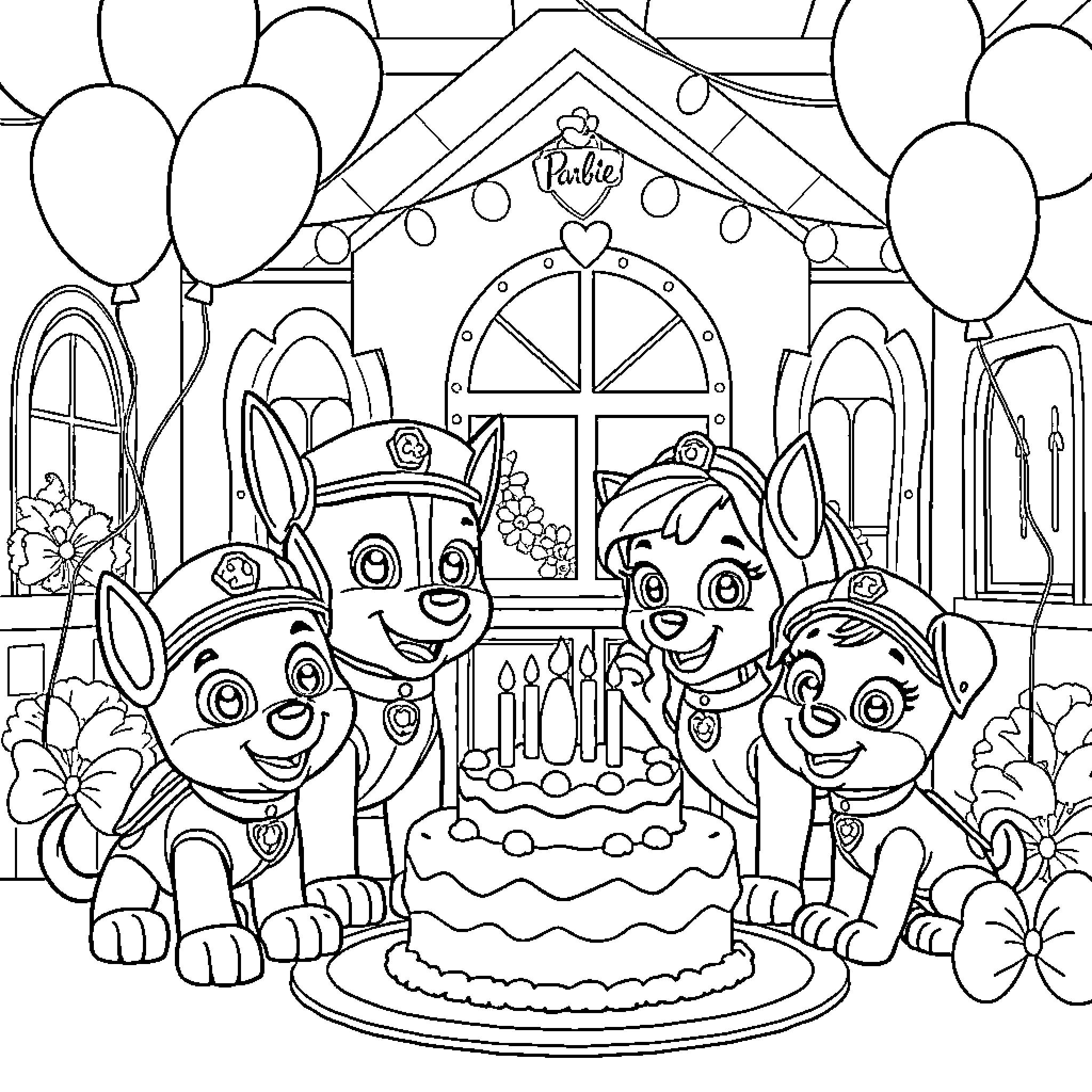 Paw Patrol Celebrating a Birthday Party Coloring Page (free black-and-white line drawing printable PDF for all, from beginners to advanced learners, including children, teens, adults, and seniors)