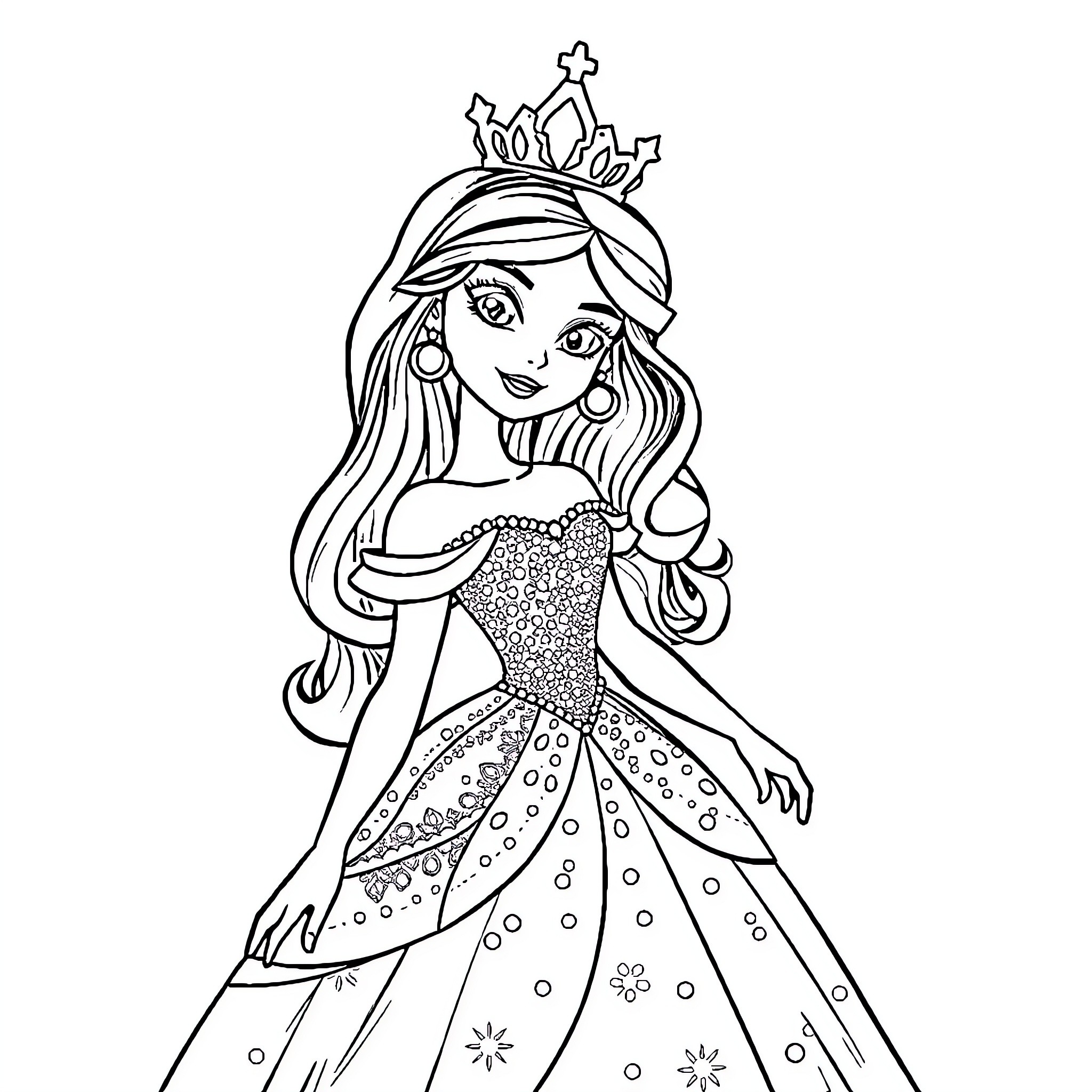 Princess in Sparkling Gown and Crown Coloring Page (free black-and-white line drawing printable PDF for all, from beginners to advanced learners, including children, teens, adults, and seniors)