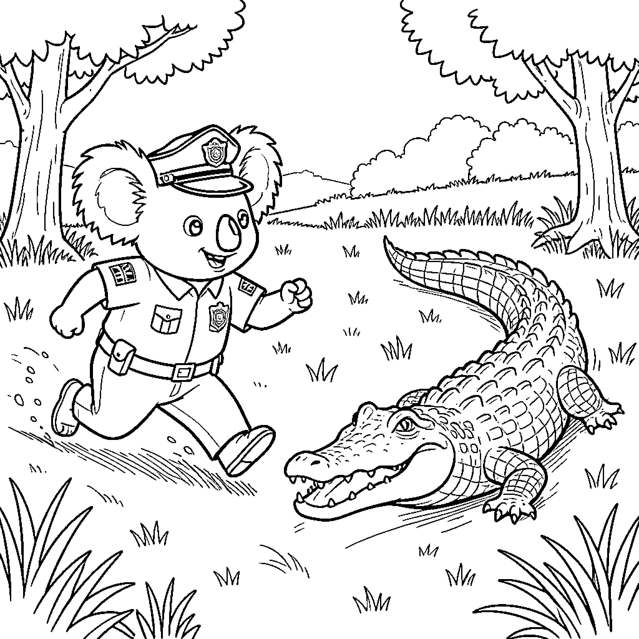 Koala police officer chasing a crocodile in the wild Coloring Page (free black-and-white line drawing printable PDF for all, from beginners to advanced learners, including children, teens, adults, and seniors)