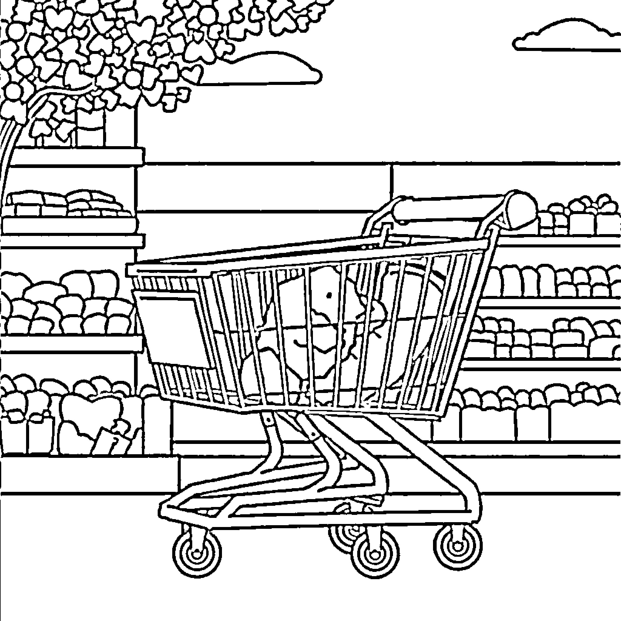 Shopping Cart in a Grocery Store Scene Coloring Page (free black-and-white line drawing printable PDF for all, from beginners to advanced learners, including children, teens, adults, and seniors)