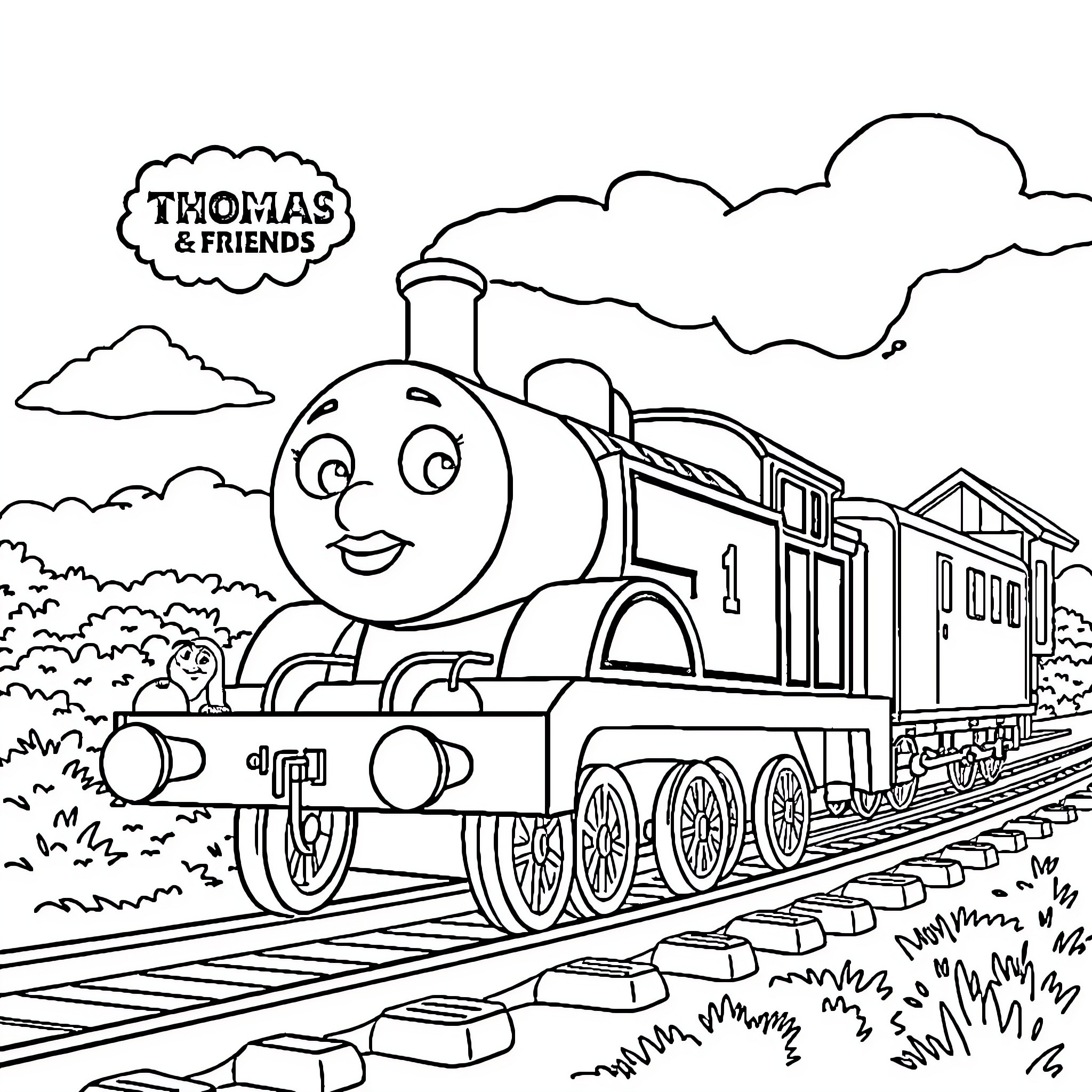 Thomas the Train on an Adventure Through the Countryside Coloring Page (free black-and-white line drawing printable PDF for all, from beginners to advanced learners, including children, teens, adults, and seniors)