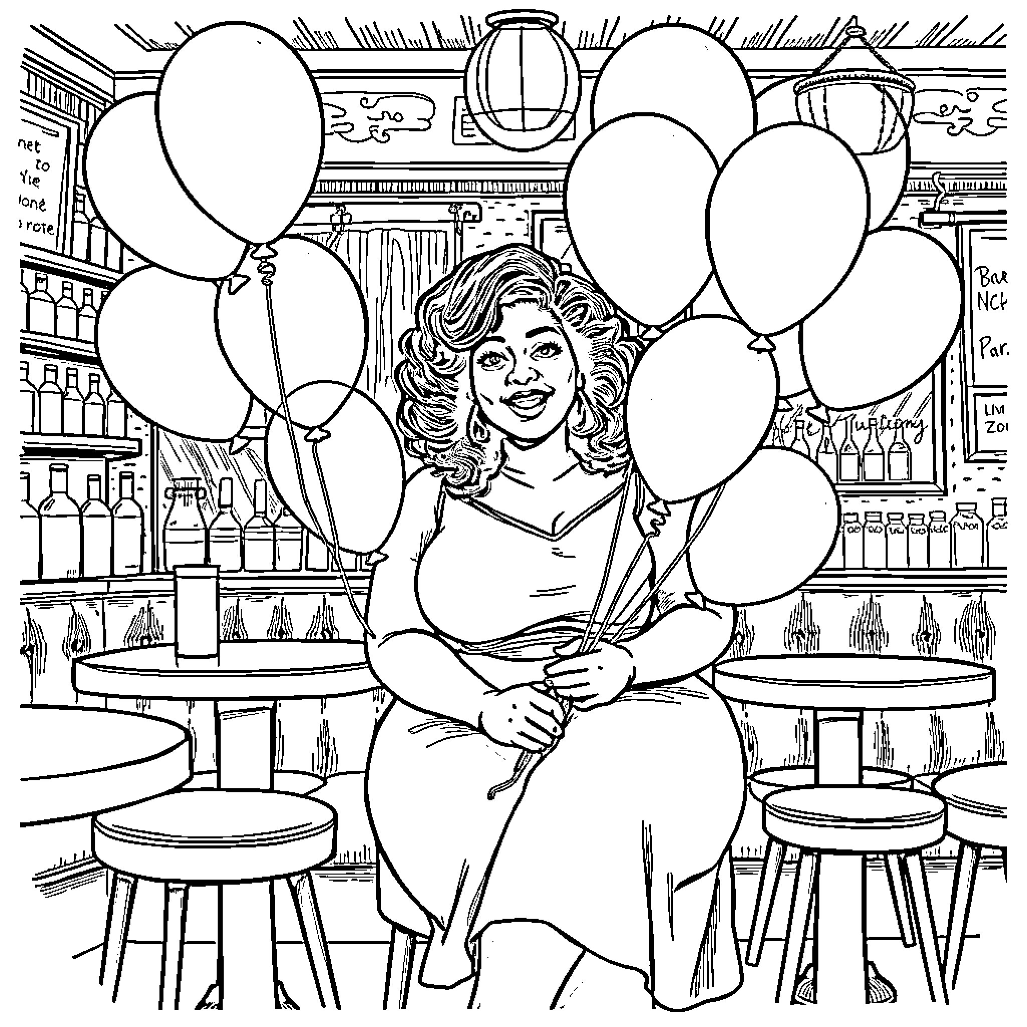 Woman enjoying a celebration with balloons Coloring Page (free black-and-white line drawing printable PDF for all, from beginners to advanced learners, including children, teens, adults, and seniors)