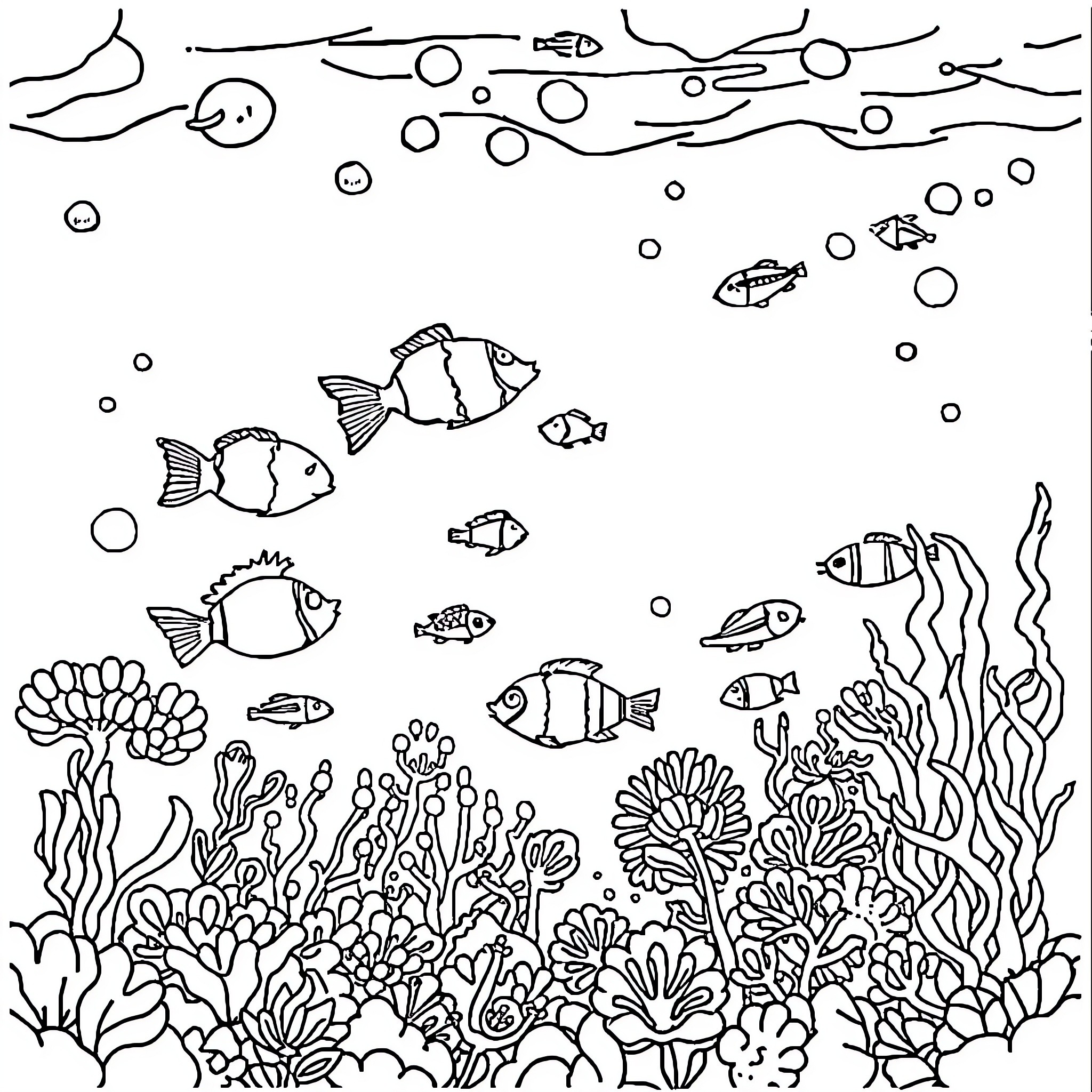 Sea Animals Swimming Underwater Amidst Coral Reef Coloring Page (free black-and-white line drawing printable PDF for all, from beginners to advanced learners, including children, teens, adults, and seniors)