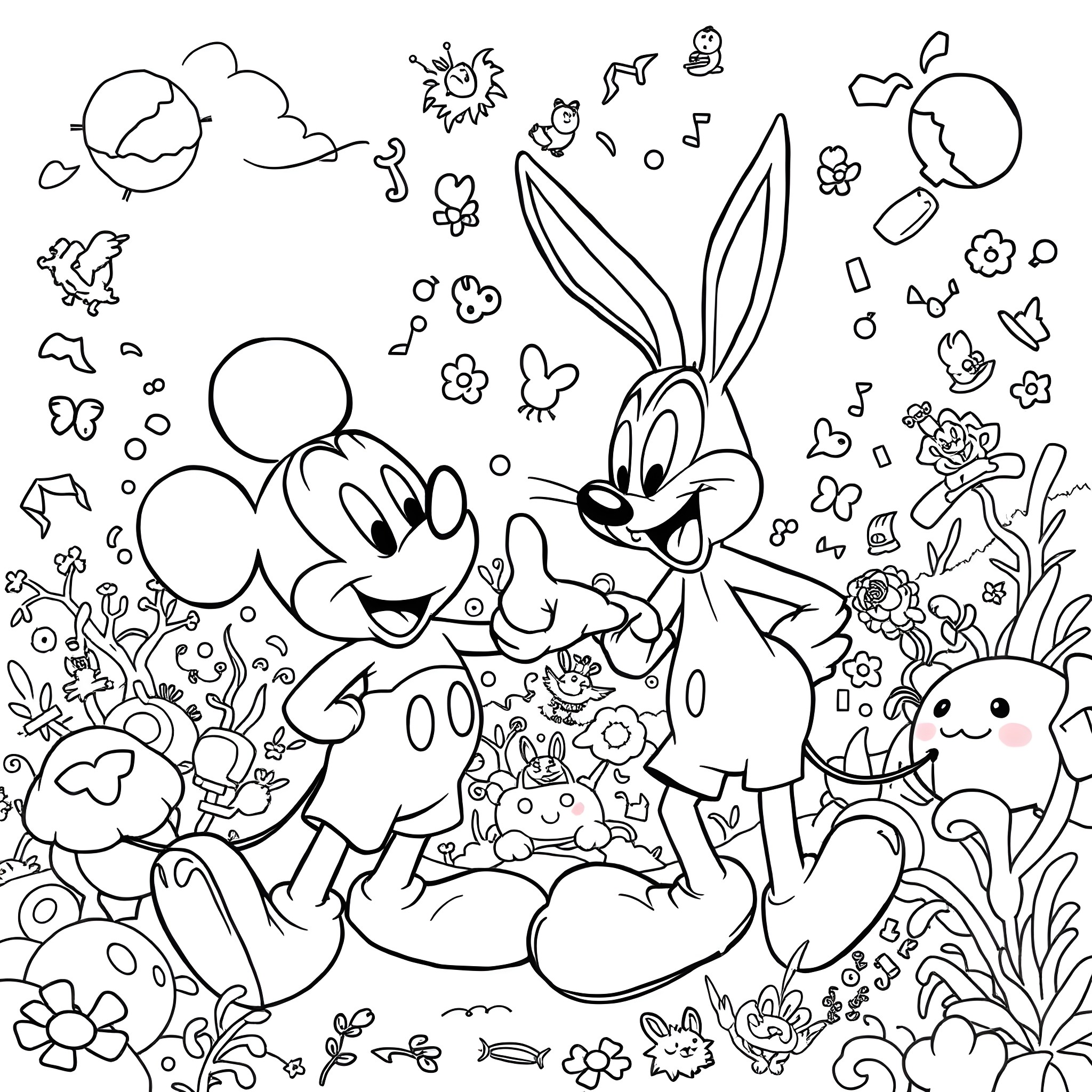 Mickey Mouse and Bugs Bunny in a whimsical nature scene Coloring Page (free black-and-white line drawing printable PDF for all, from beginners to advanced learners, including children, teens, adults, and seniors)