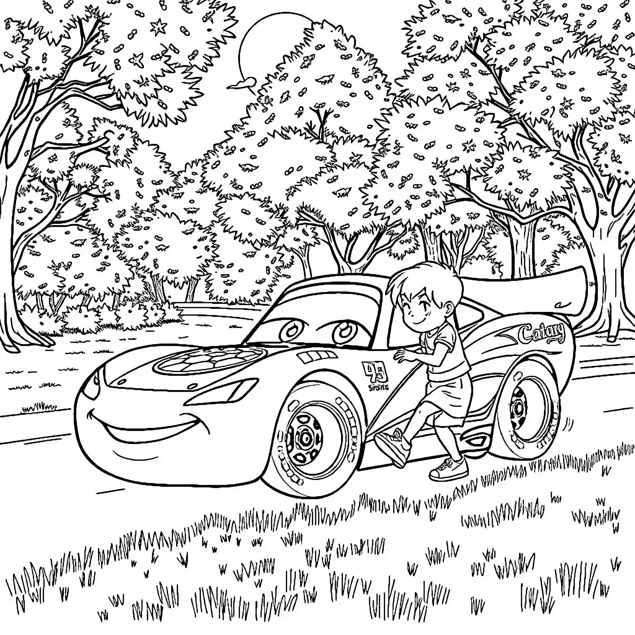 Flash McQueen speeding through the forest Coloring Page (free black-and-white line drawing printable PDF for all, from beginners to advanced learners, including children, teens, adults, and seniors)