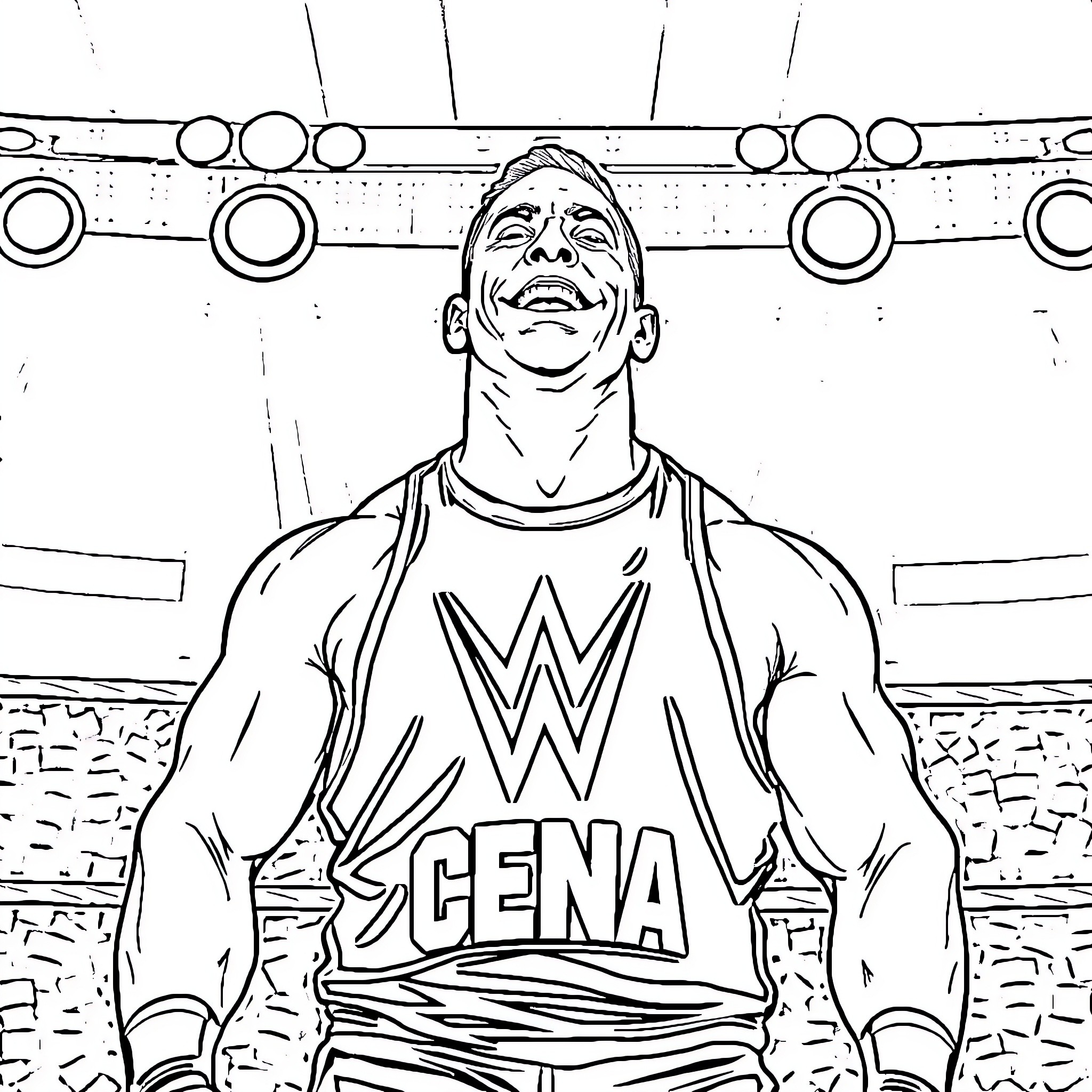 John Cena Wrestling in the Ring Coloring Page (free black-and-white line drawing printable PDF for all, from beginners to advanced learners, including children, teens, adults, and seniors)