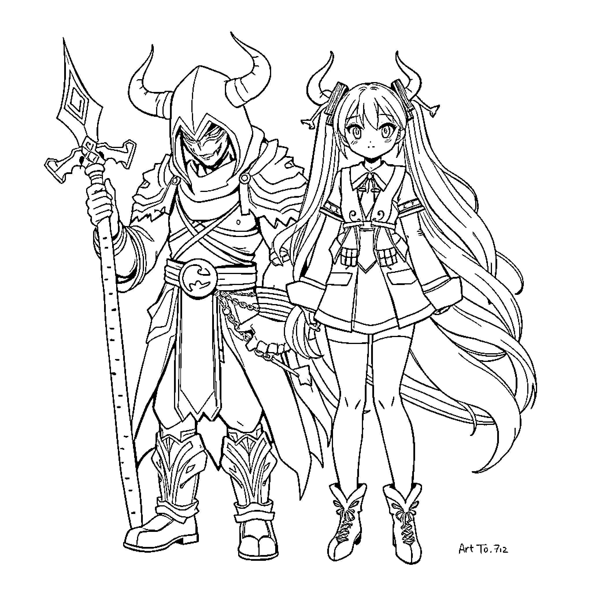Miku and the Demon Warrior in Fantasy Adventure Coloring Page (free black-and-white line drawing printable PDF for all, from beginners to advanced learners, including children, teens, adults, and seniors)