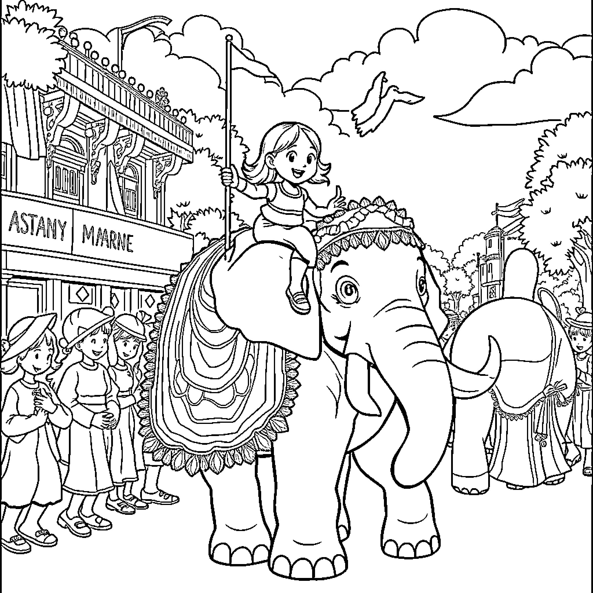Girl riding an elephant in a crowded city street Coloring Page (free black-and-white line drawing printable PDF for all, from beginners to advanced learners, including children, teens, adults, and seniors)