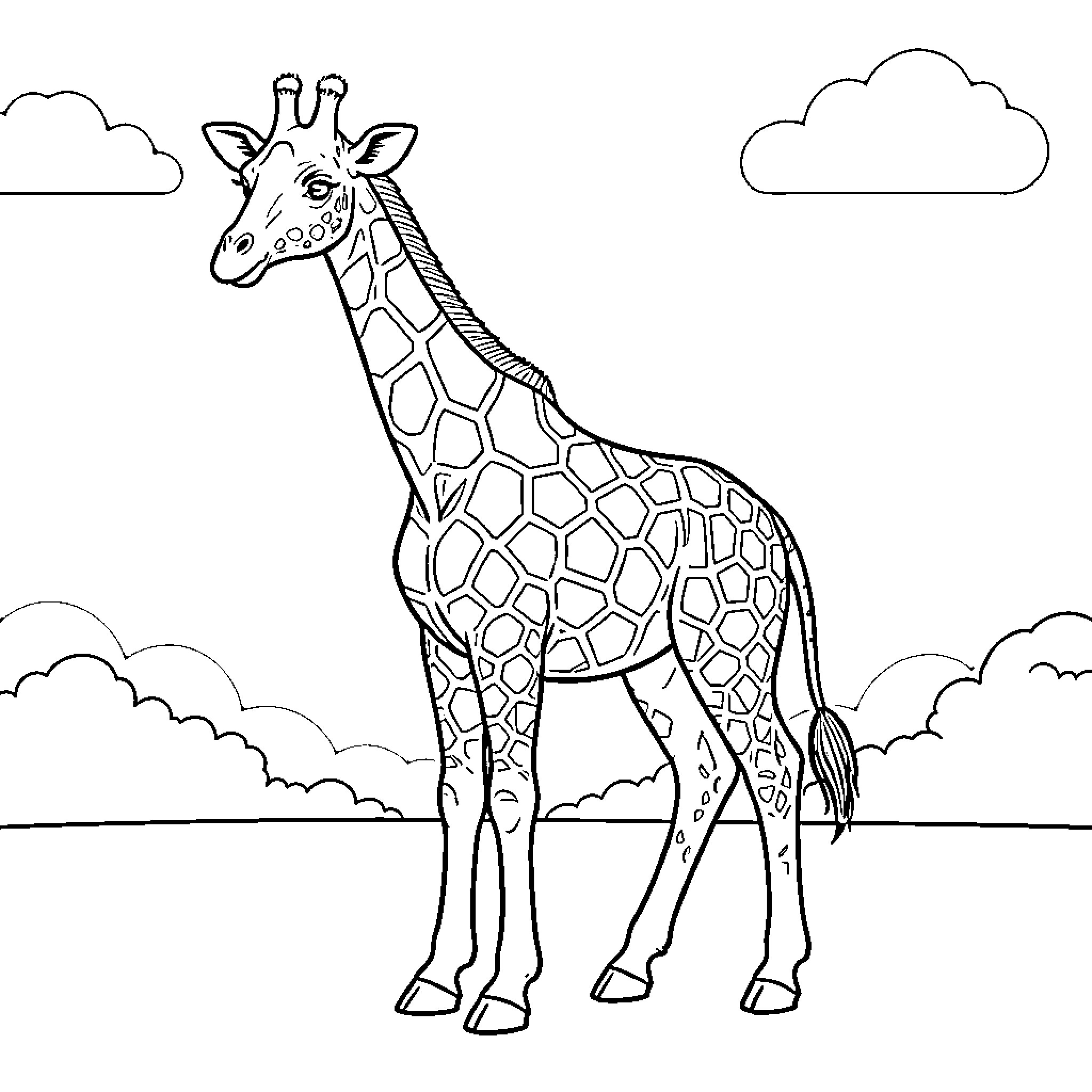Giraffe standing tall in natural habitat Coloring Page (free black-and-white line drawing printable PDF for all, from beginners to advanced learners, including children, teens, adults, and seniors)