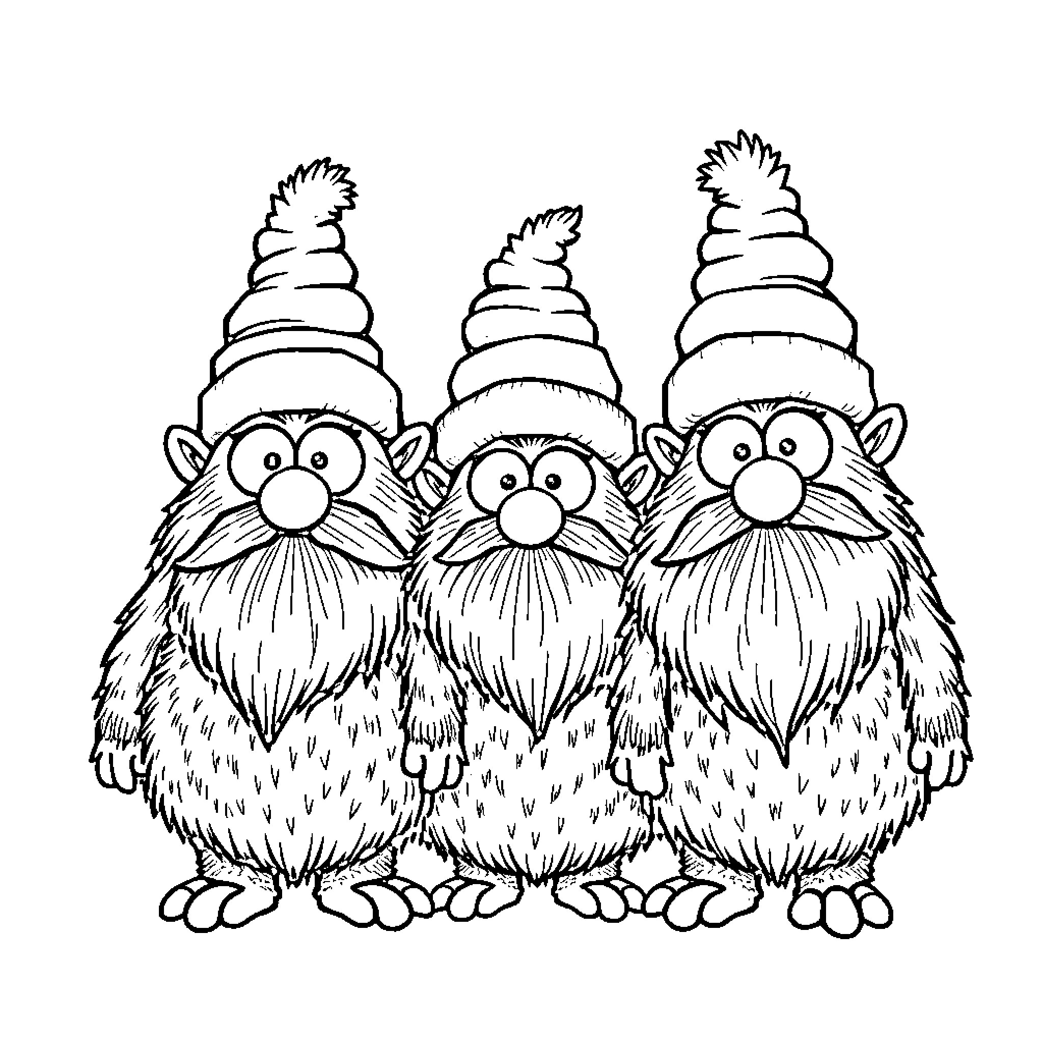 Gonk Trio of Mischievous Christmas Gnomes Coloring Page (free black-and-white line drawing printable PDF for all, from beginners to advanced learners, including children, teens, adults, and seniors)