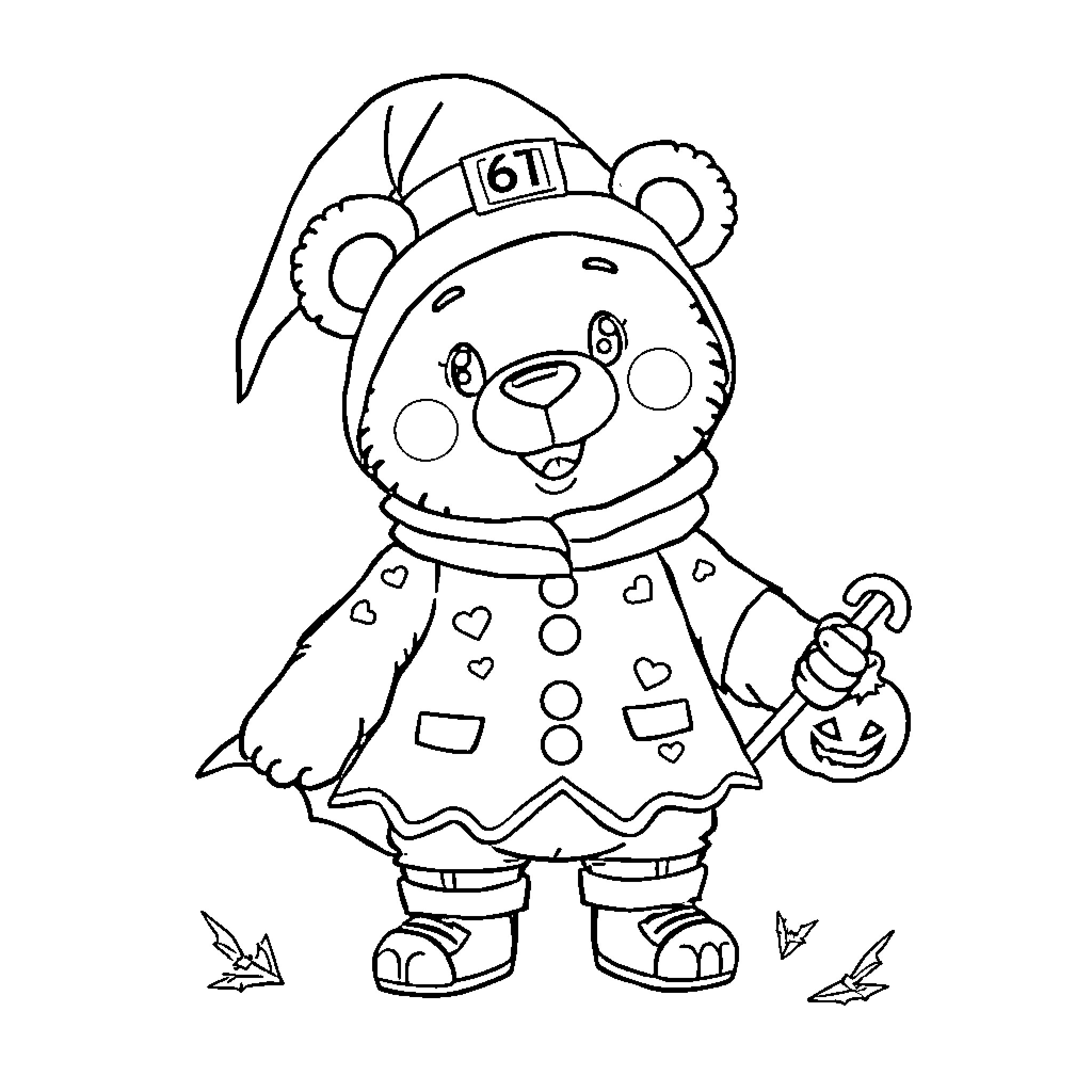 Bear in costume holding Halloween pumpkin Coloring Page (free black-and-white line drawing printable PDF for all, from beginners to advanced learners, including children, teens, adults, and seniors)